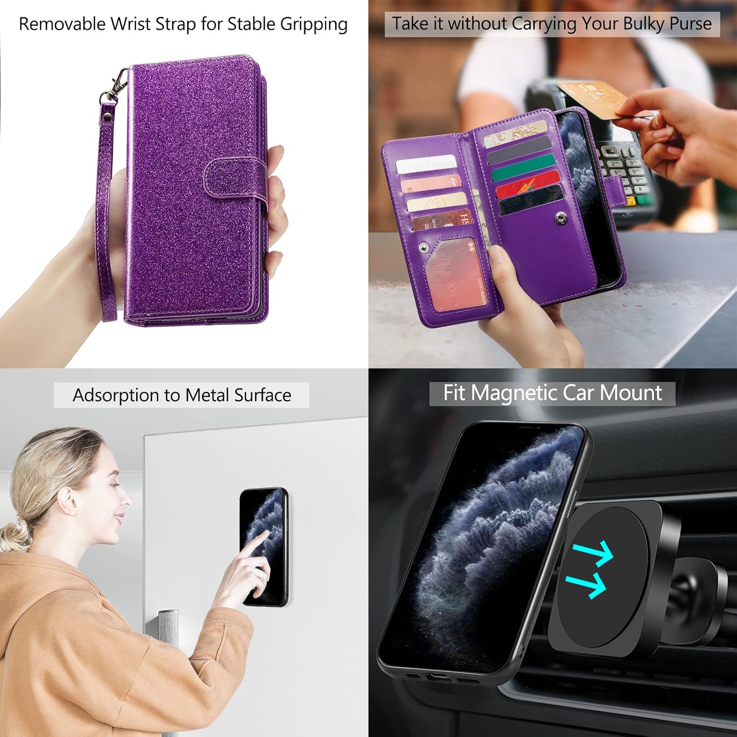 Varikke Funda tipo cartera para iPhone 11 Pro Max, funda magnética desmontable para mujer con tarjetero, soporte y correa para la muñeca, se adapta
