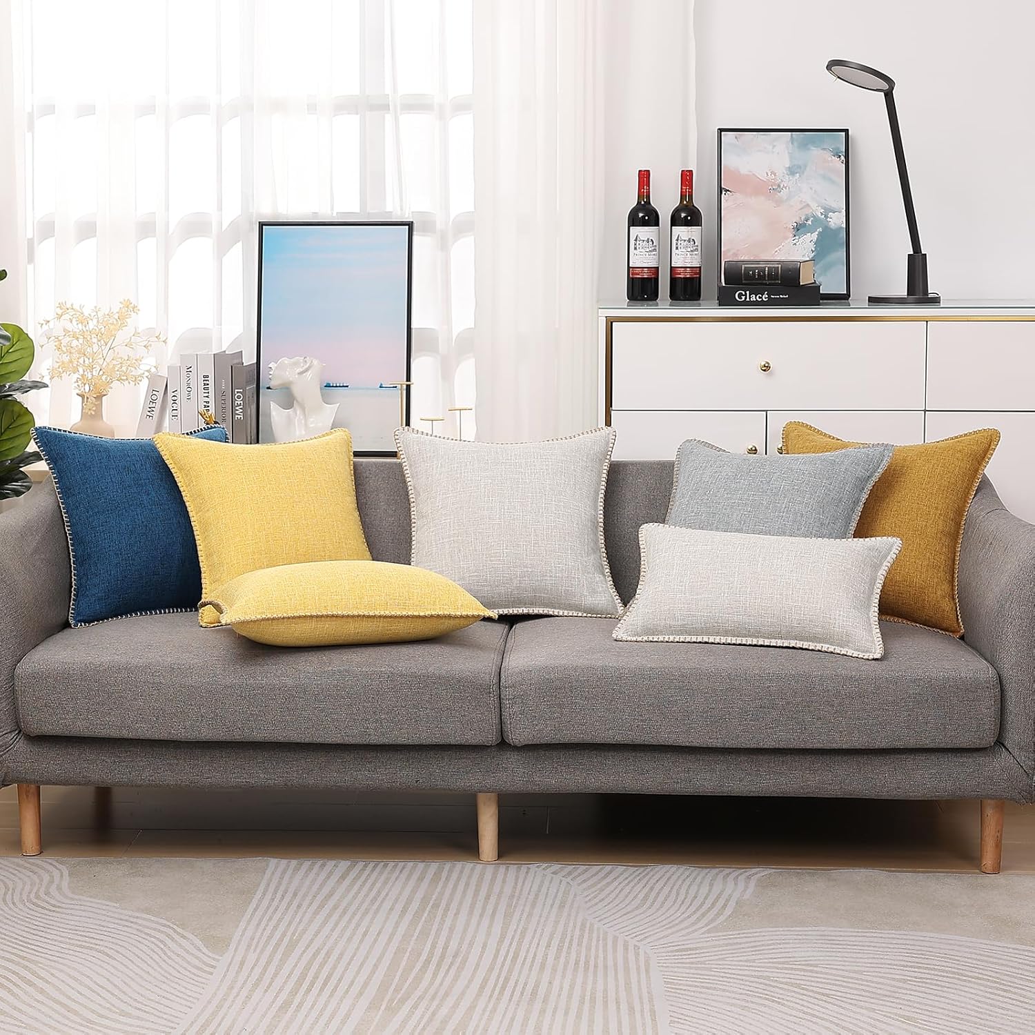 decorUhome Juego de 2 fundas de almohada decorativas para exteriores de 22 x 22 pulgadas, fundas cuadradas de lino con borde cosido, fundas rústicas