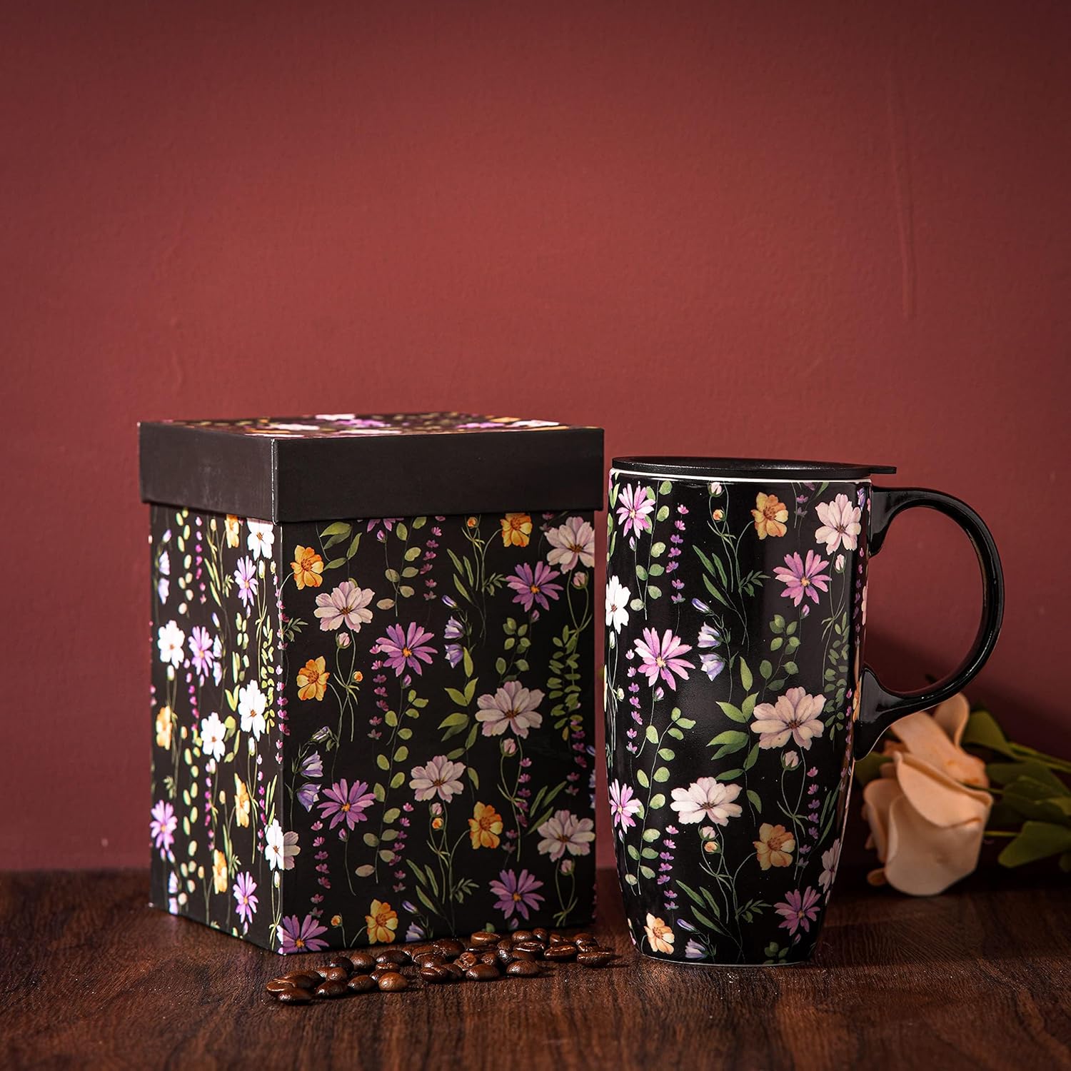 DUSVALLY Taza de café de cerámica taza de café con tapa Taza de té de porcelana con mango 500ML17OZ.,Negro