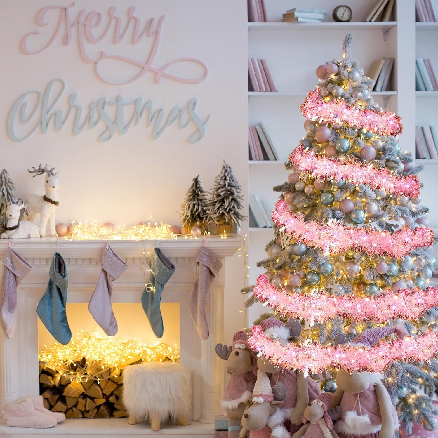 Guirnalda de oropel de Navidad de 32.8 pies con luces LED, guirnalda colgante para árbol de Navidad, decoración para fiestas de Navidad, cumpleaños,