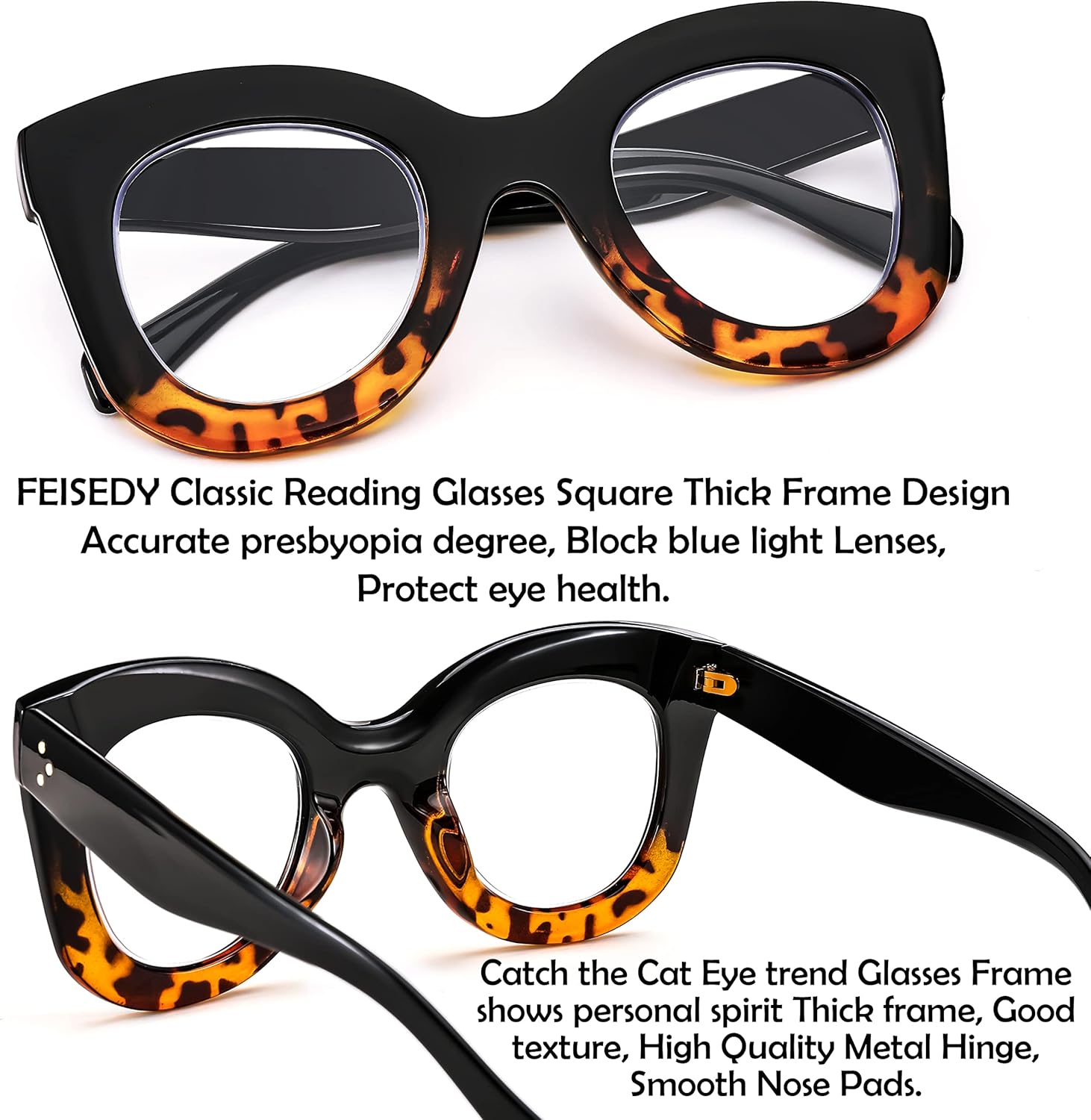 FEISEDY Gafas de lectura retro de gran tamaño con bloqueo de luz azul ojo de gato, marco grueso, antirreflejos, lectores digitales antifatiga ocular