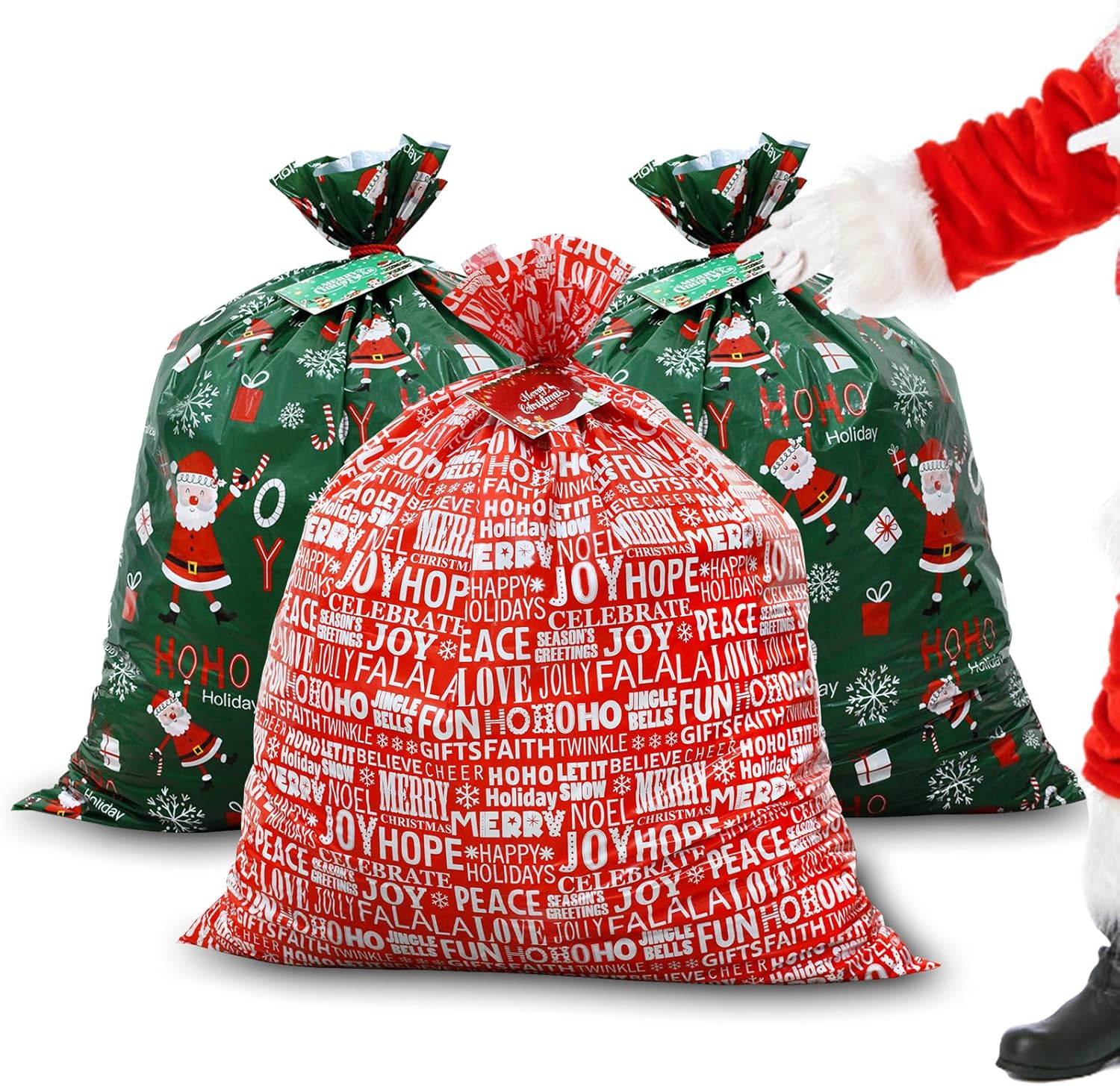 ROSAUI Bolsas grandes de regalo de Navidad y tarjetas de regalo de Navidad, juego de 3 (44.09 x 35.43 pulgadas), bolsa de regalo de plástico PE