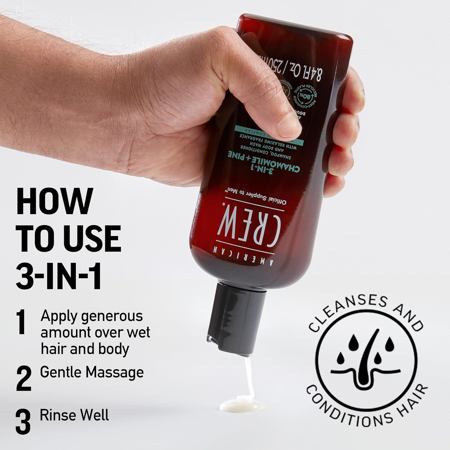 AMERICAN CREW Champú, acondicionador y gel de baño 3 en 1 de manzanilla + pino, 15.2 onzas líquidas (paquete de 1)