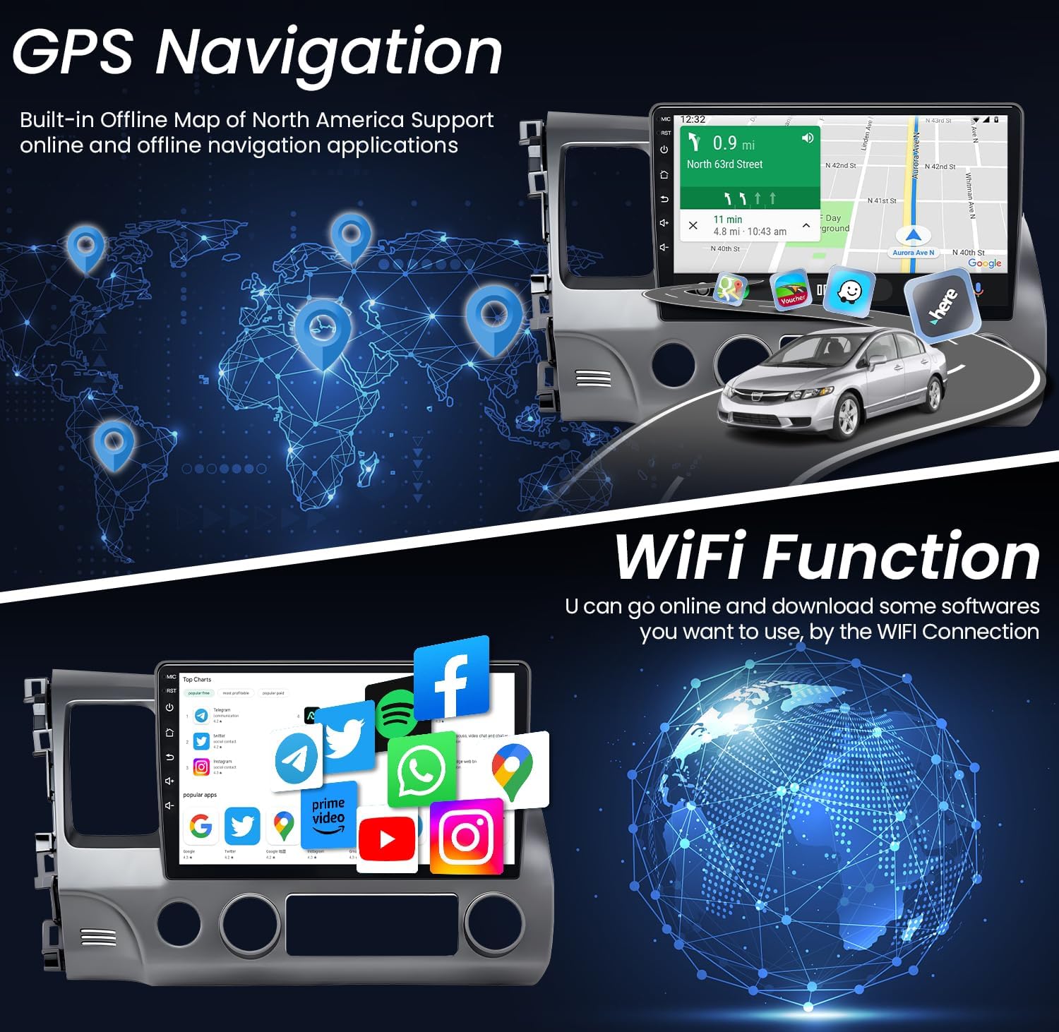 Radio de coche 4G+64G de 10.1 pulgadas para Honda Civic 2006 2007 2008 2009 2010 2011, Carplay Android Auto estéreo de coche con cámara de respaldo,