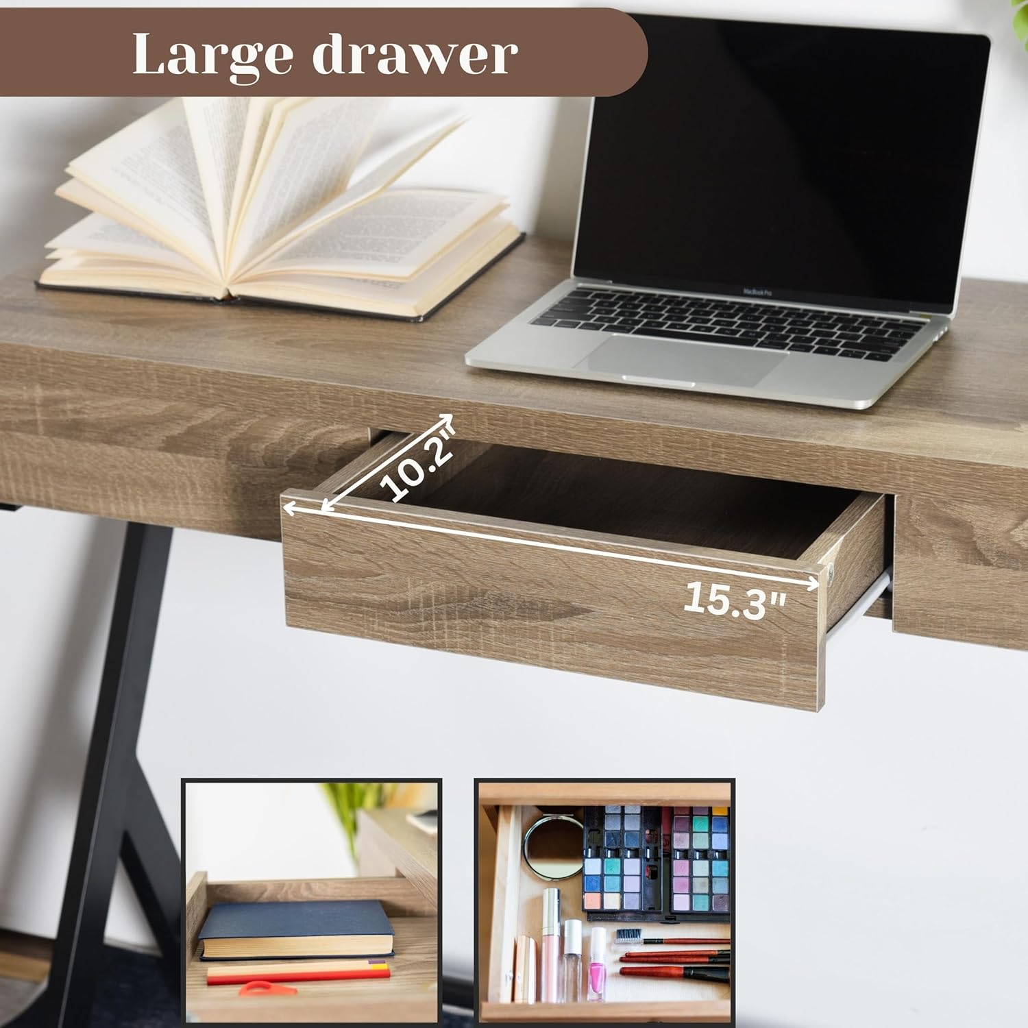 FurnitureR Escritorio de madera para computadora de 45.7 pulgadas con cajón de almacenamiento, escritorio contemporáneo con patas de metal para