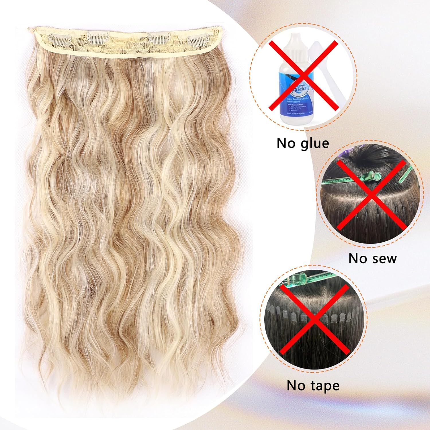 Extensión de cabello de alambre invisible con diadema de alambre transparente, tamaño ajustable, 4 clips de seguridad de 24 pulgadas de largo,