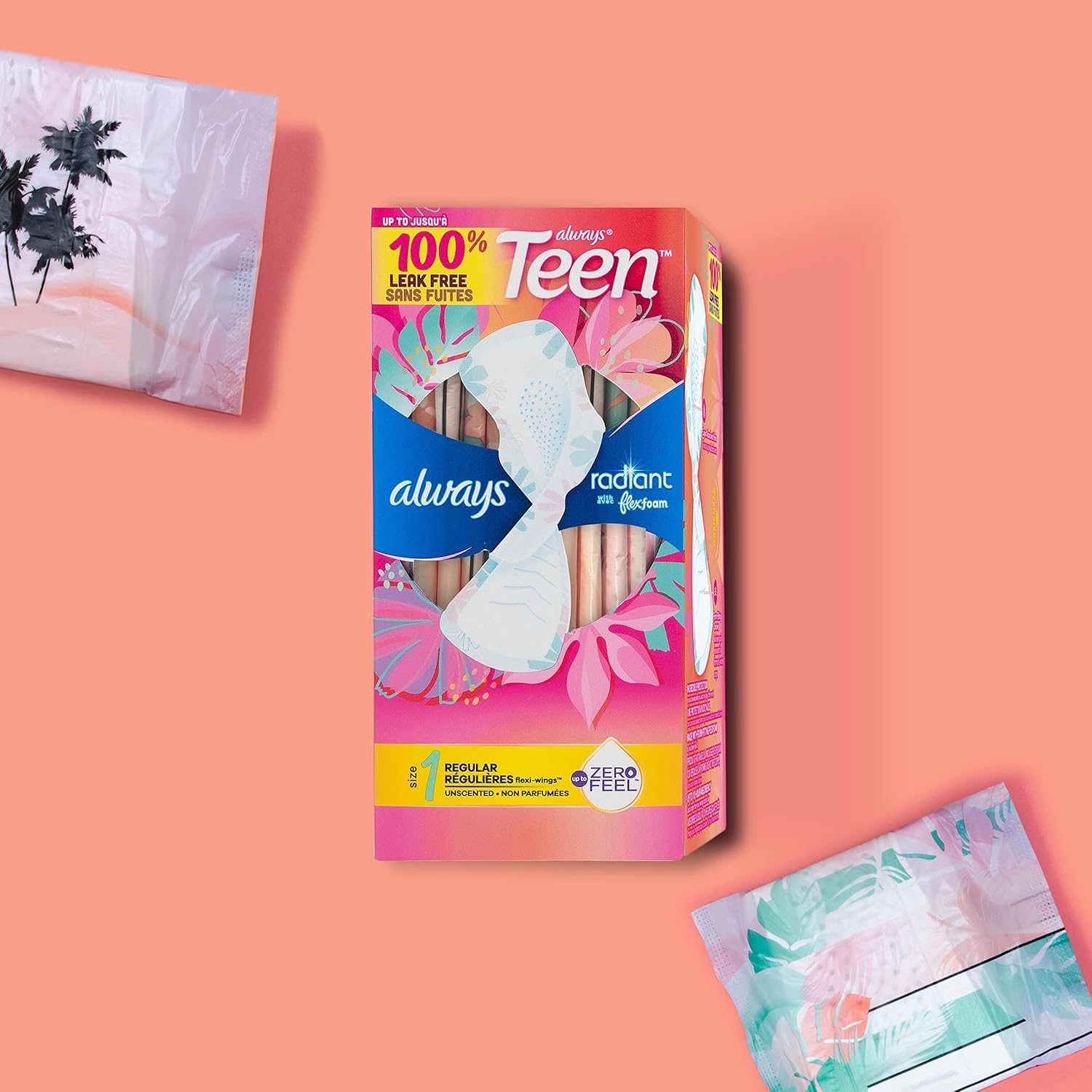 Always Radiant – Almohadillas femeninas para adolescentes, tamaño 1, absorción regular, con espuma flexible, con alas, sin perfume, 42 unidades