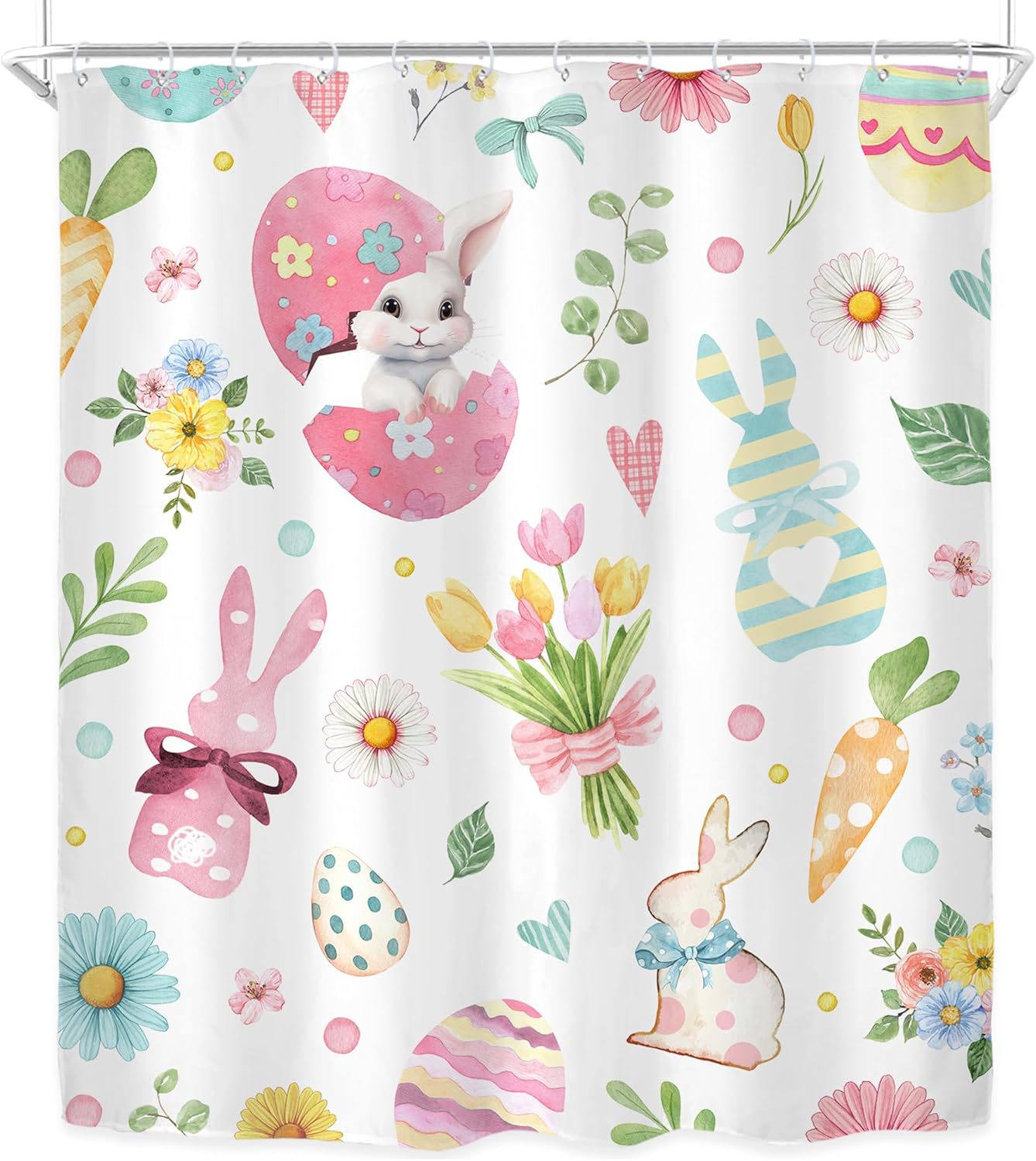 Riyidecor Cortina de ducha de conejo de Pascua para decoración de baño, 60 pulgadas de ancho x 72 pulgadas de alto, lindos huevos de conejo,