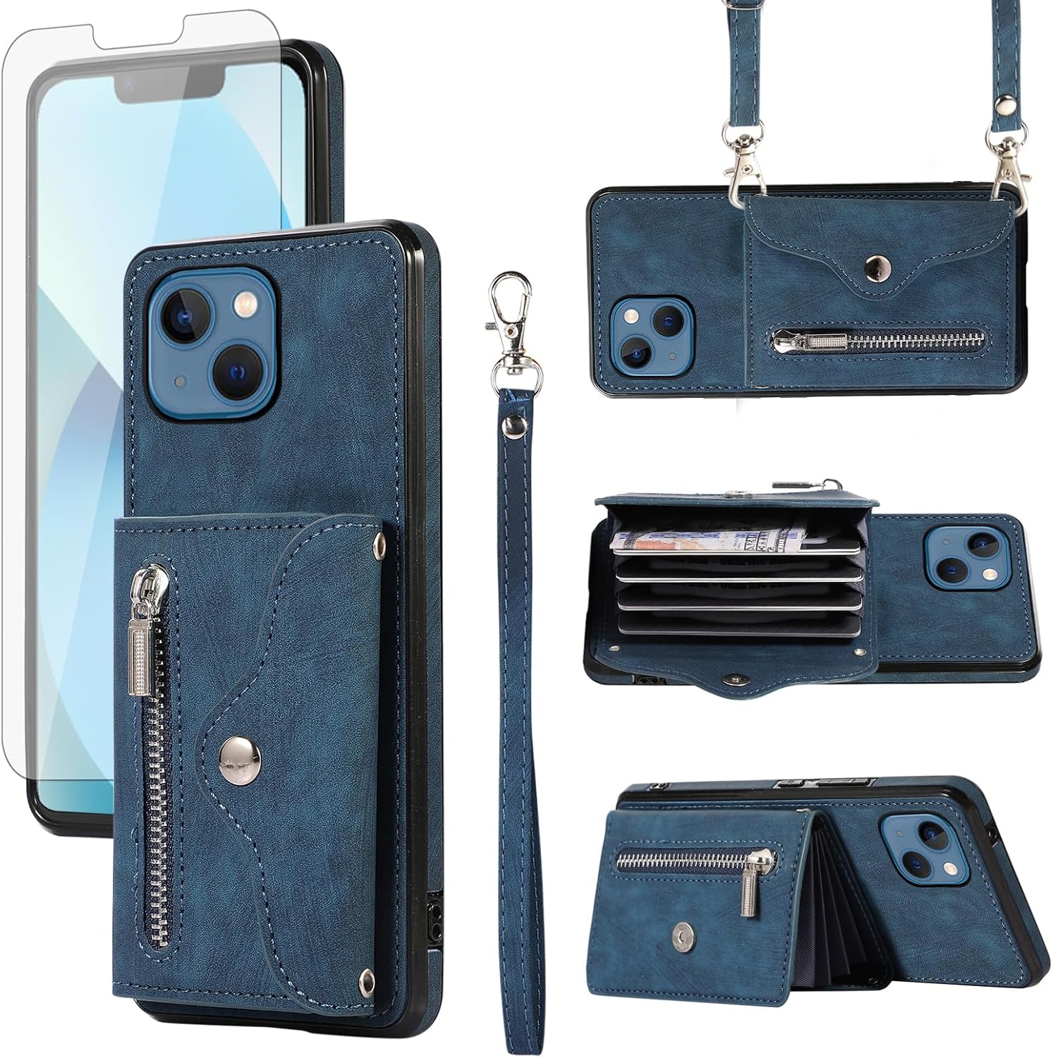 Funda de teléfono para iPhone 13 de 6.1 pulgadas con protector de pantalla de vidrio templado, correa cruzada para muñeca, soporte para tarjeta de