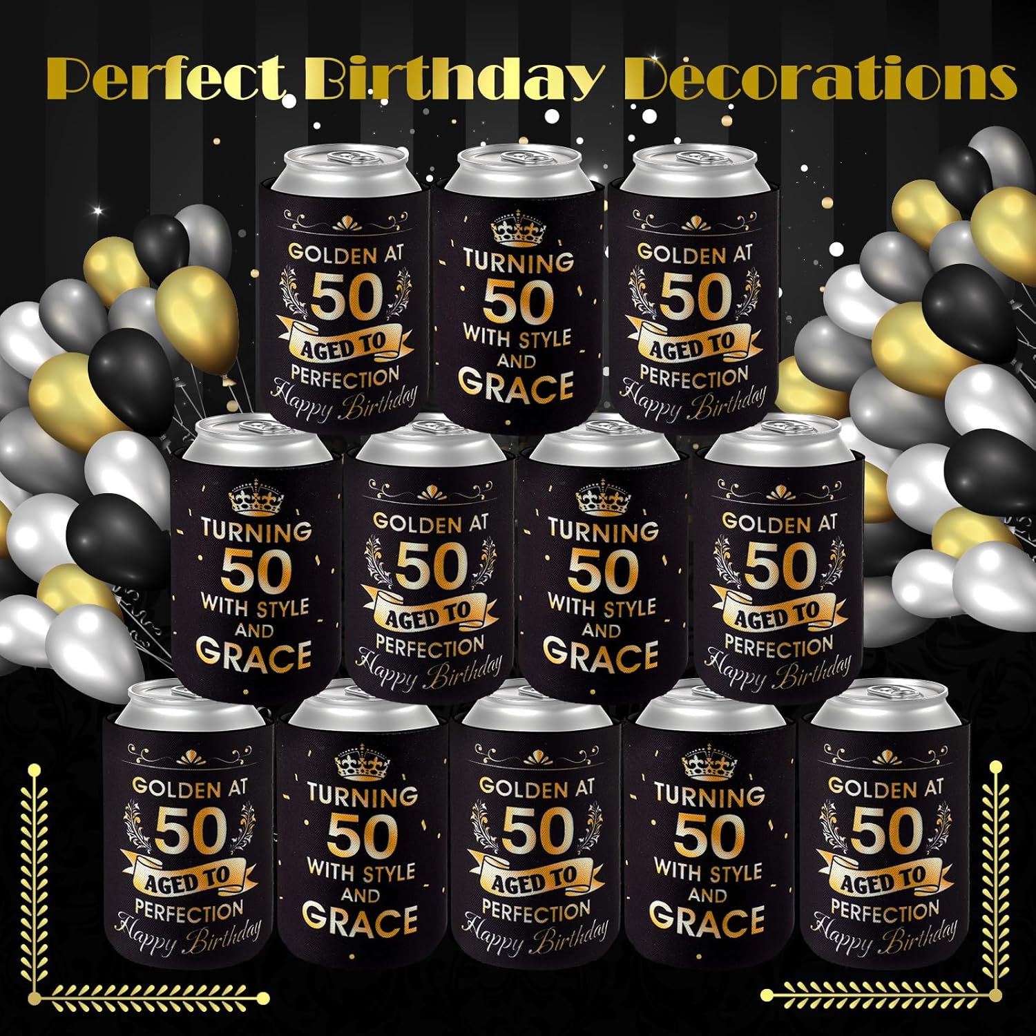 24 piezas de decoraciones doradas de cumpleaños número 50, recuerdos de fiesta de cumpleaños 50, fundas enfriadoras que giran 50 años con estilo y