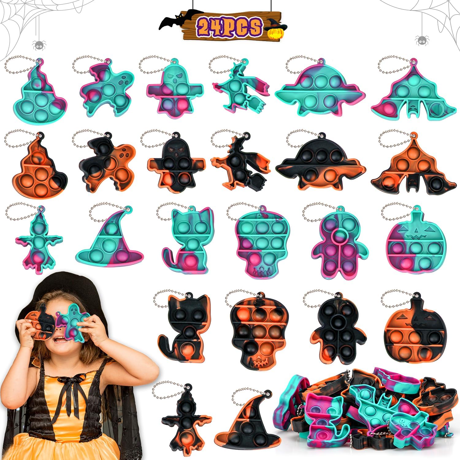Llavero de Halloween Pop Fidget Toys, paquete de 24 mini llaveros a granel, juguetes de Halloween y recuerdos de fiesta para niñas y niños, alivia
