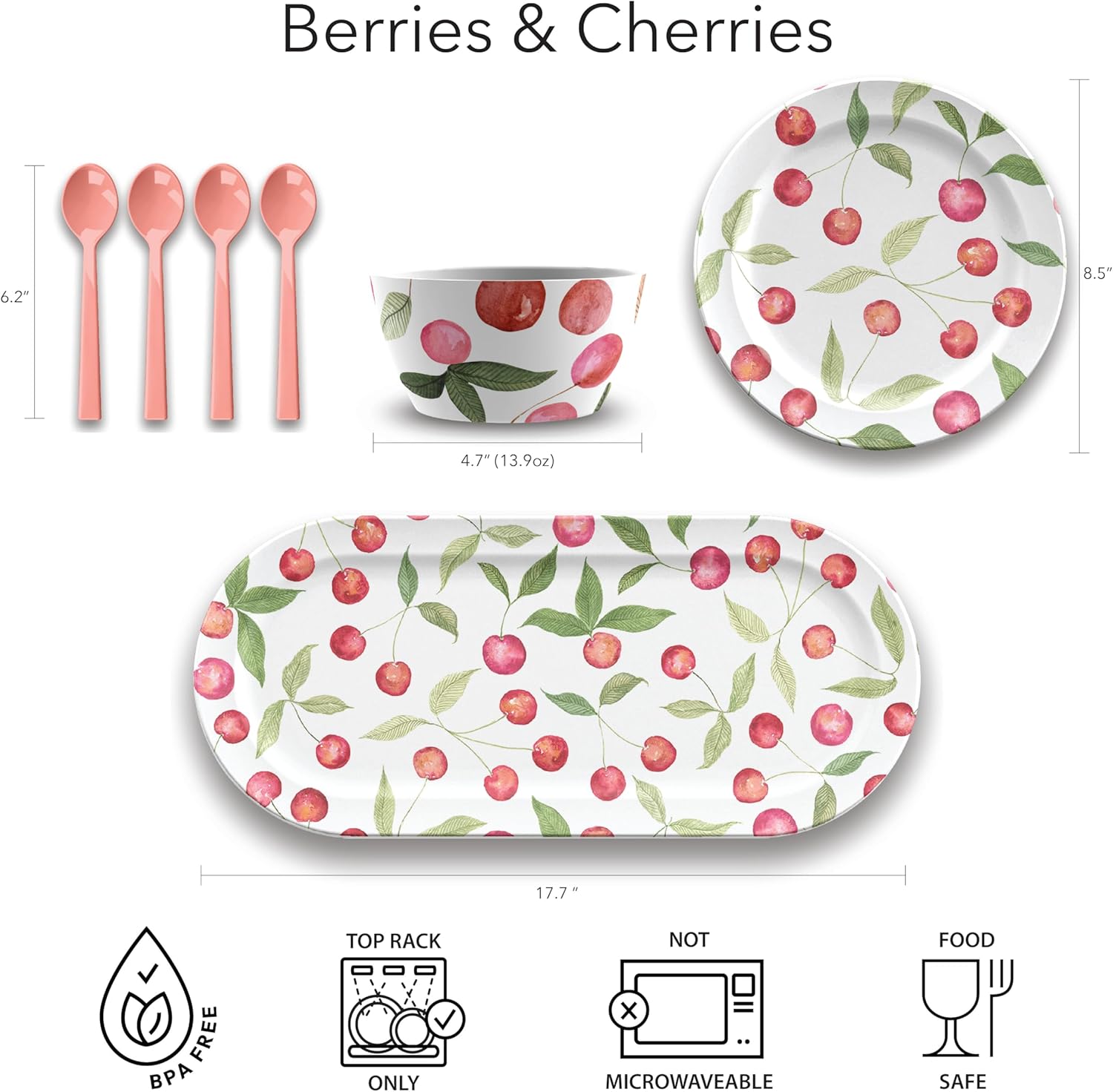 Abode Homewares by TarHong Berries & Cherries – Bandeja ovalada, 17.7 x 7.9 pulgadas, melamina pura, inastillable