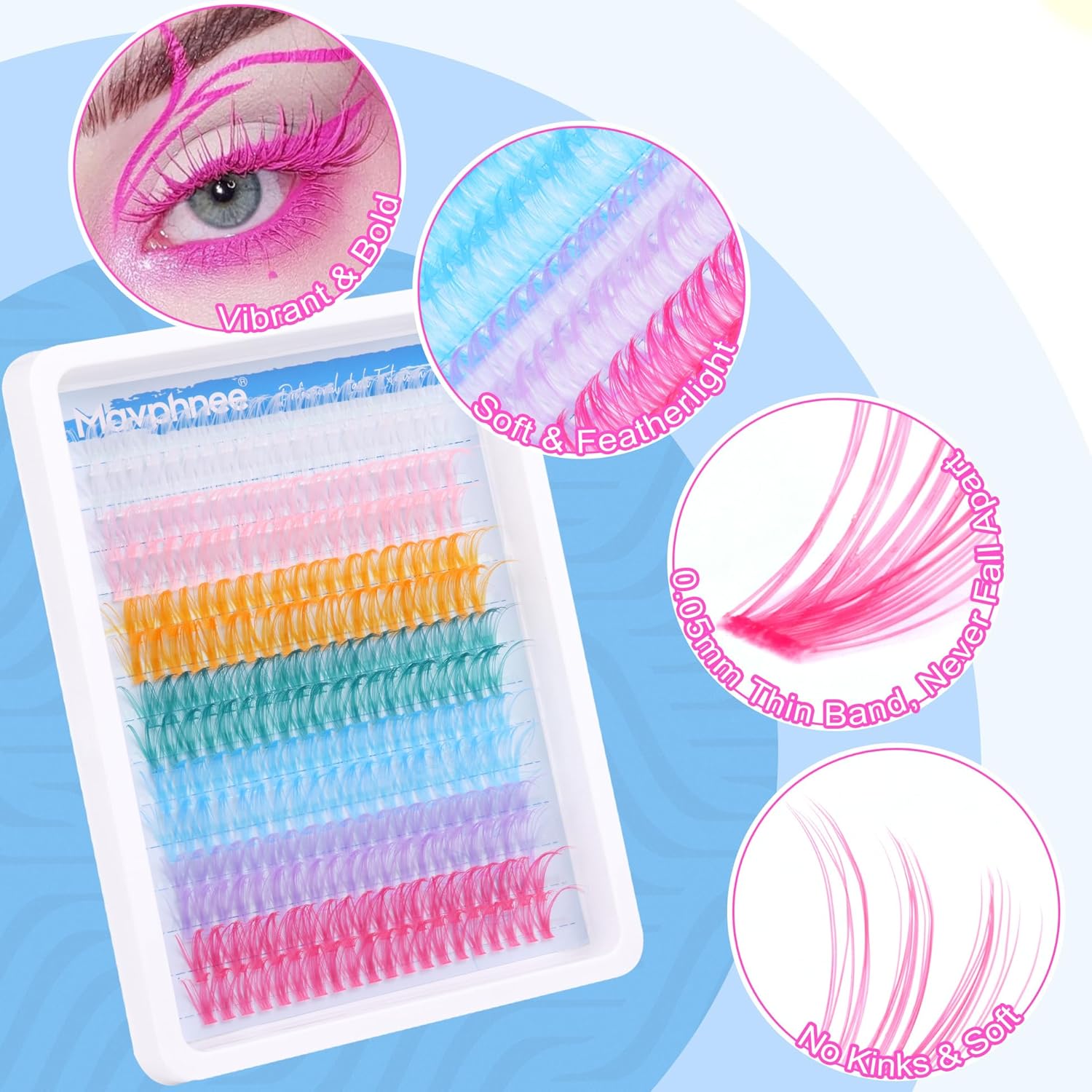 Extensiones de pestañas de colores individuales, 280 unidades, racimos de pestañas de colores, 7 colores, esponjosas y finas, de 0.630 pulgadas,
