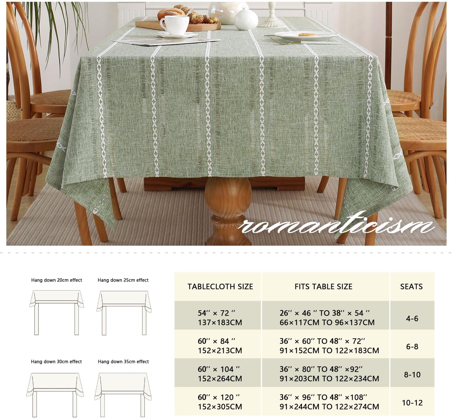 GSG Mantel de lino rústico estilo bohemio, color verde, mantel de cocina y comedor para mesas rectangulares, lavable, resistente a las arrugas, 60 x