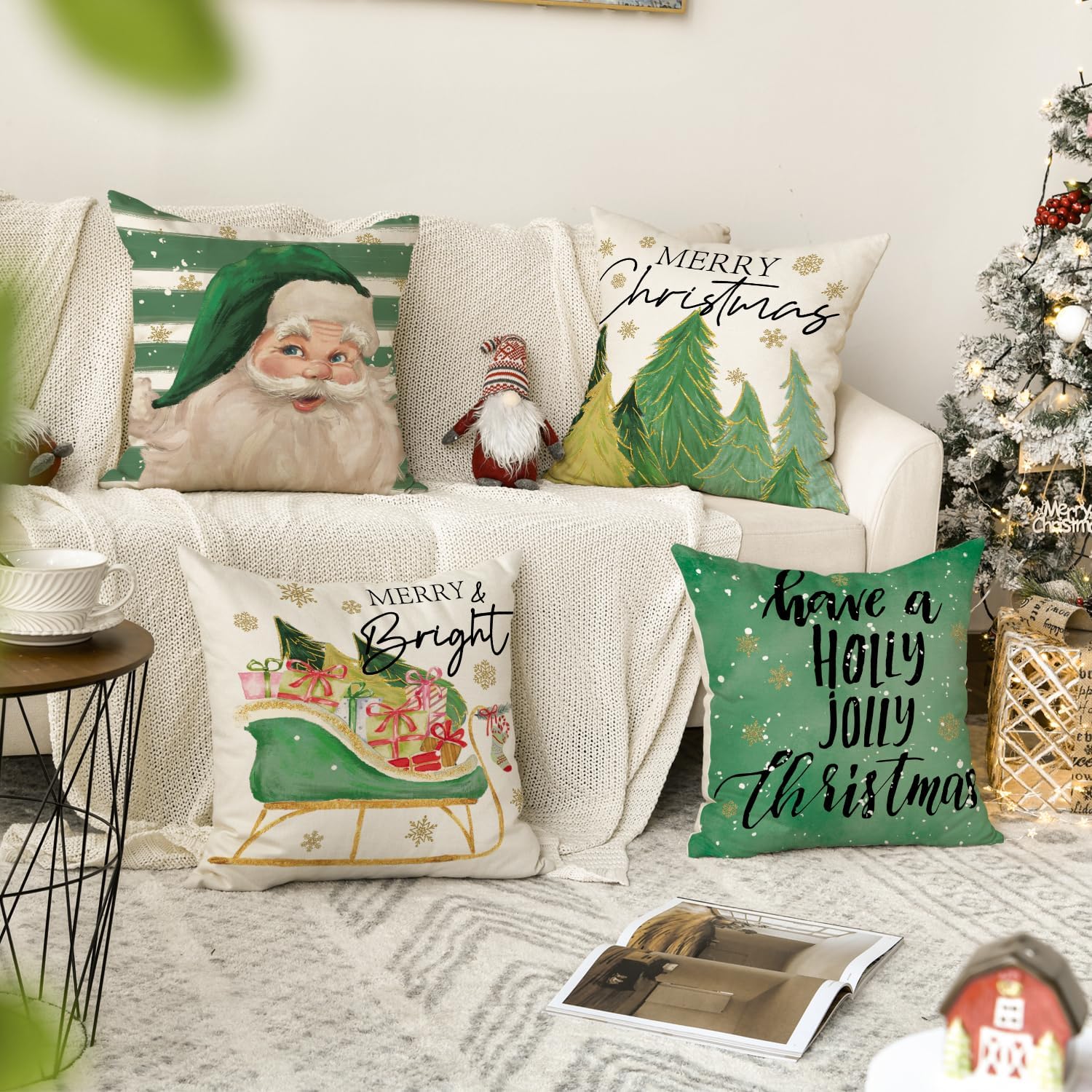 AVOIN colorlife Juego de 4 fundas de almohada con diseño de árbol de Navidad de Papá Noel, 16 x 16 pulgadas, decoración de invierno para sofá,