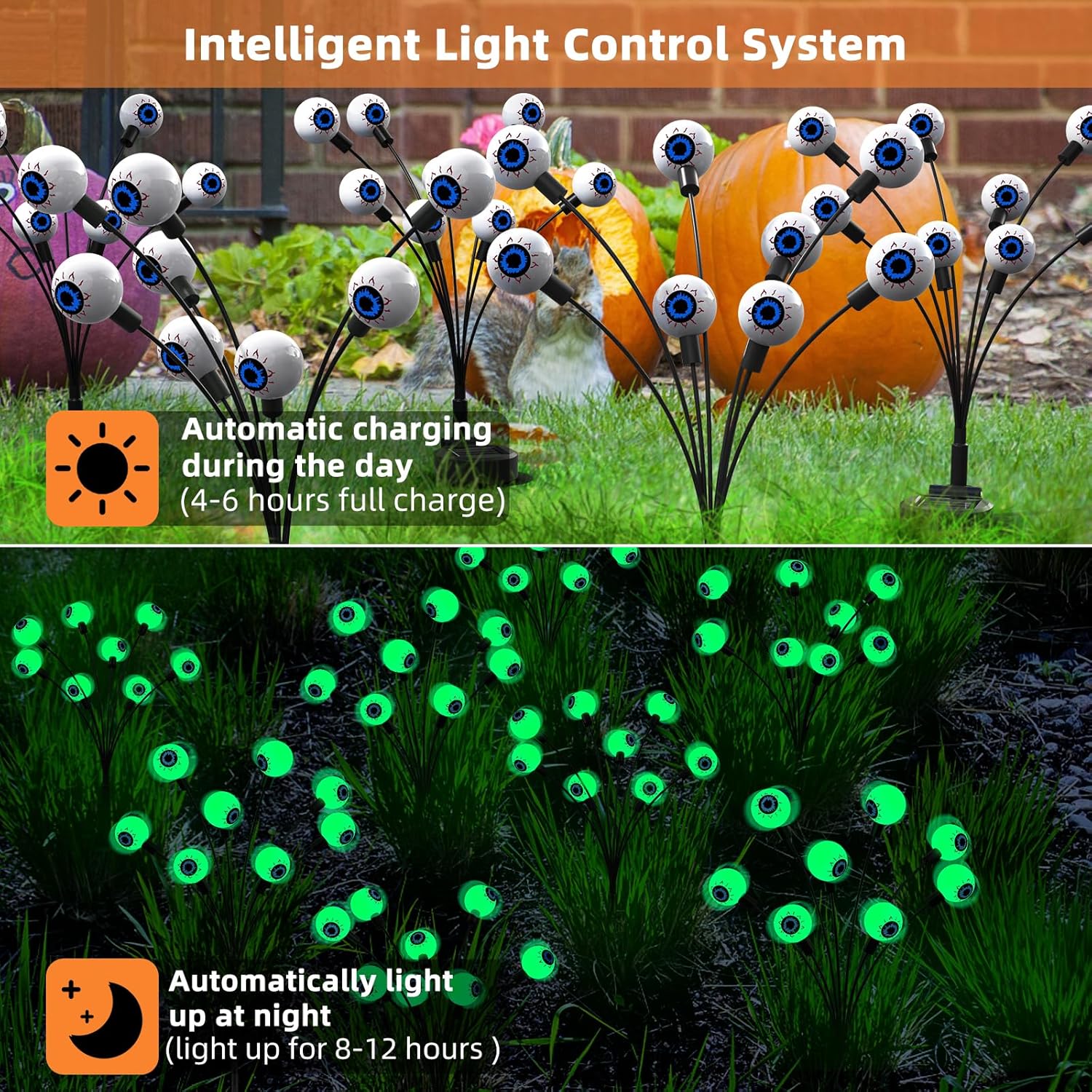 Luces solares de Halloween para exteriores, luces de ojos aterradoras, decoraciones de Acción de Gracias al aire libre, 2 paquetes de 16 luces LED