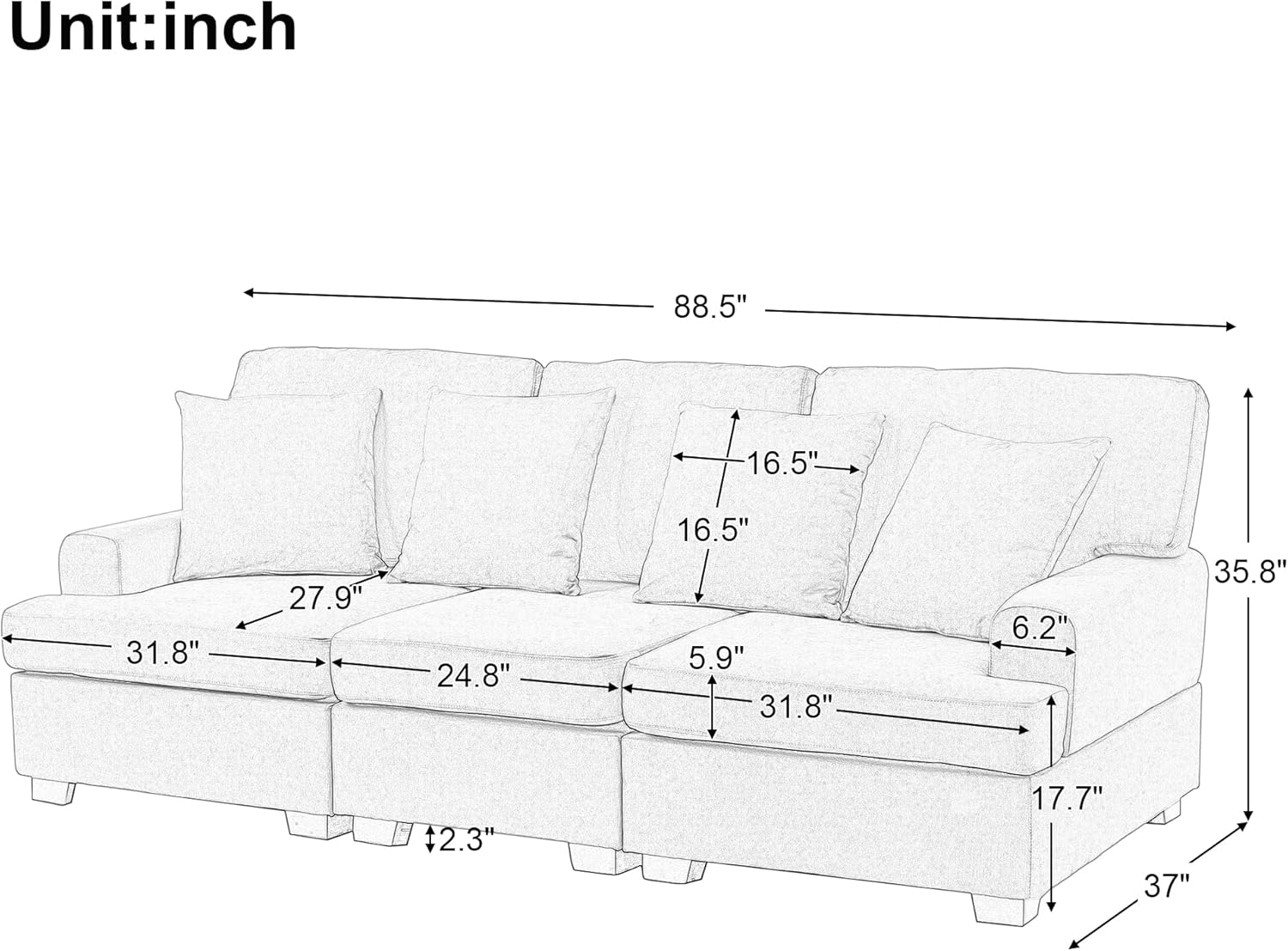 Cómodo sofá de 3 plazas de mediados de siglo, moderno sofá para sala de estar, sofá largo tapizado de tela de lino con 4 cómodas almohadas para