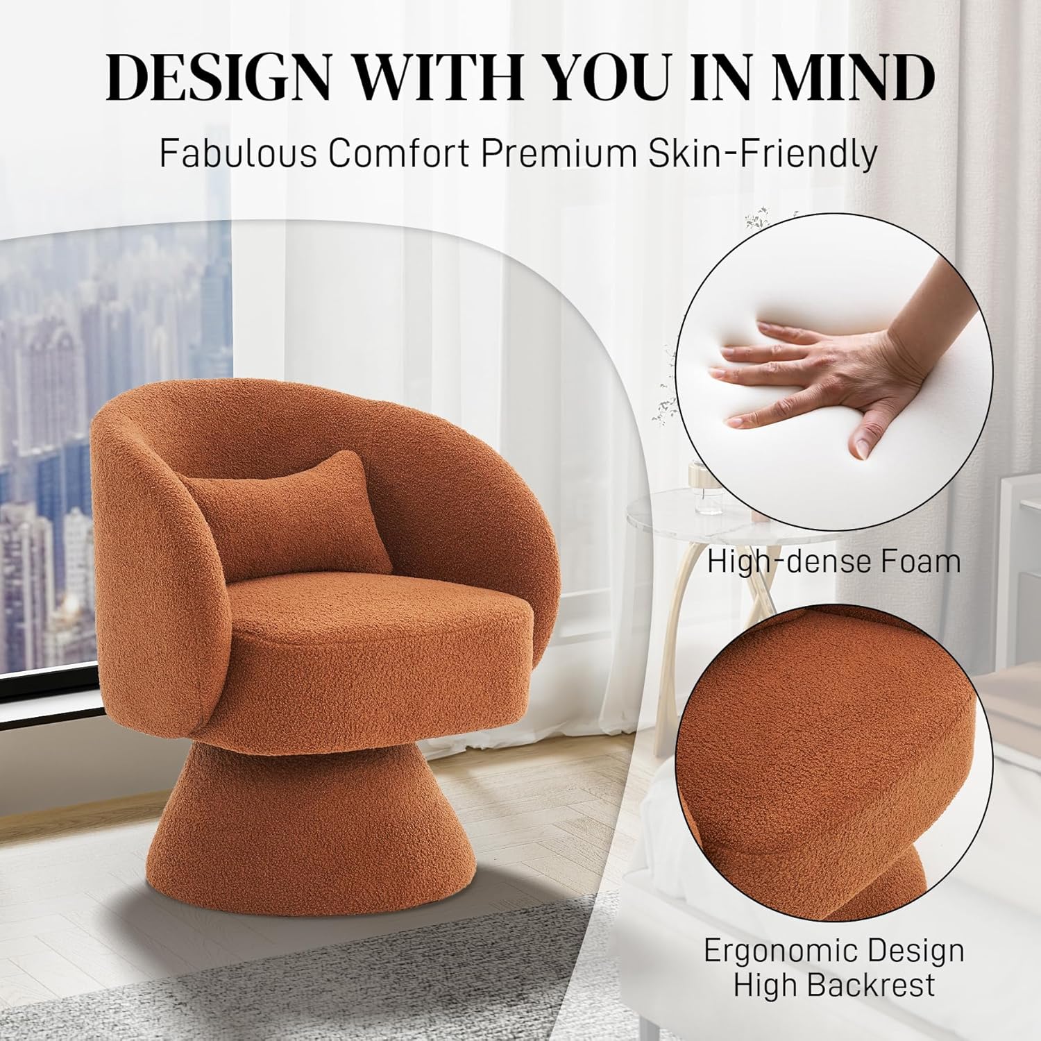 OUYESSIR Sillas giratorias de barril, silla giratoria de 360 grados, silla redonda moderna con almohada, sillas de sala de estar de tela cómoda para