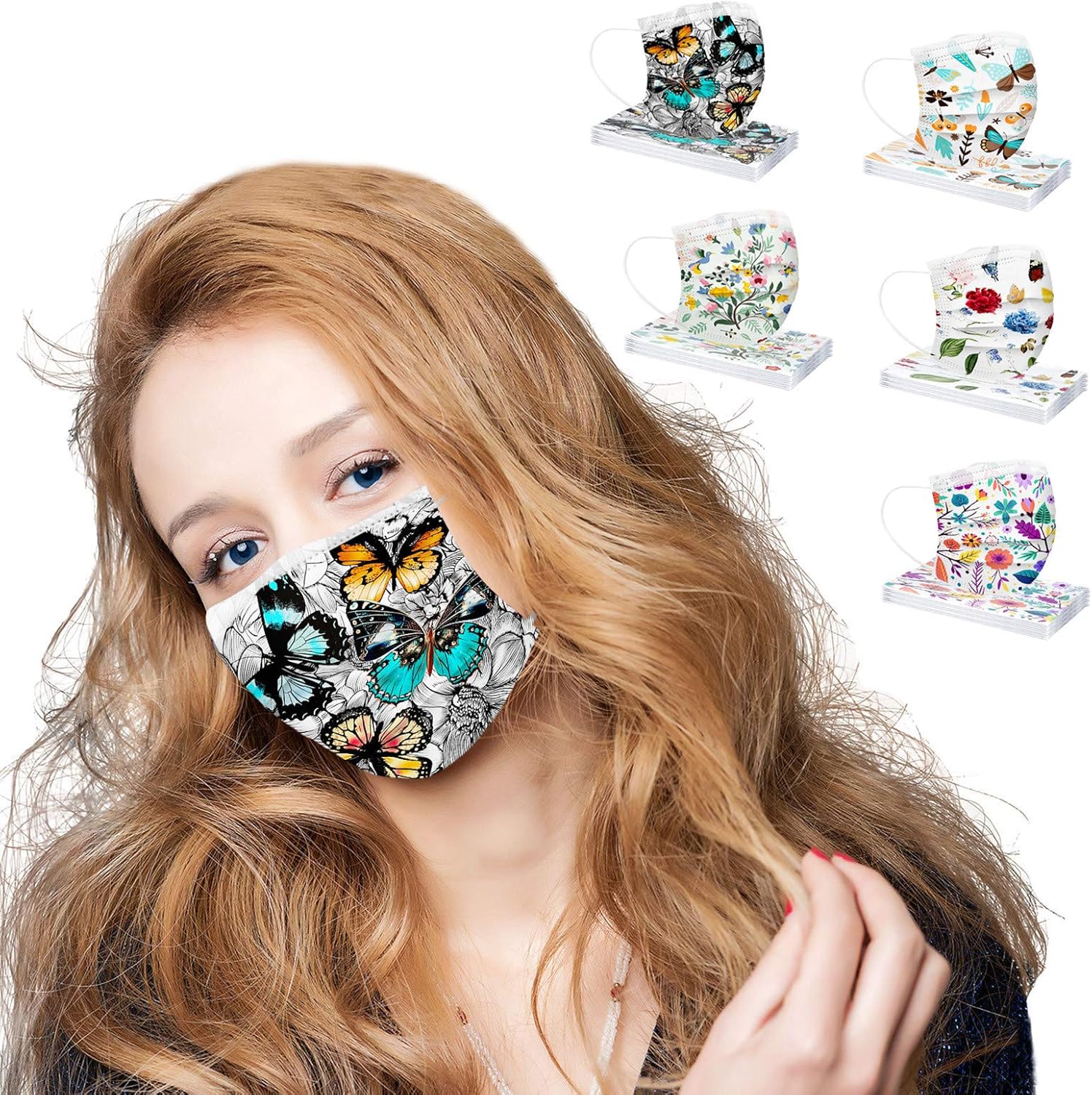 50 máscaras desechables para mujer, diseño de mariposas, gruesas, 3 capas, para adultos, para vacaciones, para el cuidado de la piel