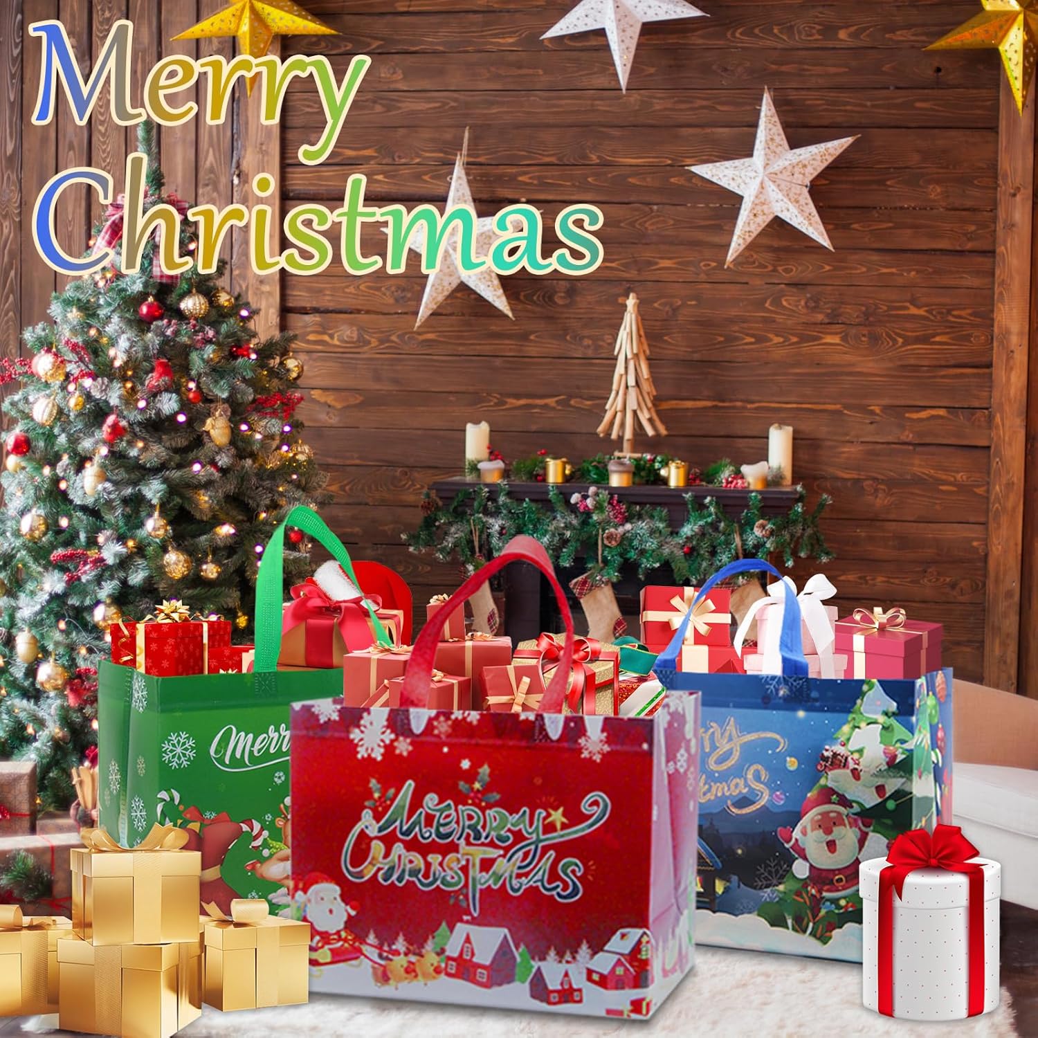 MATONELL 12 bolsas de Navidad grandes para regalo de Navidad con asas, bolsas reutilizables de Navidad no tejidas, bolsas de compras para