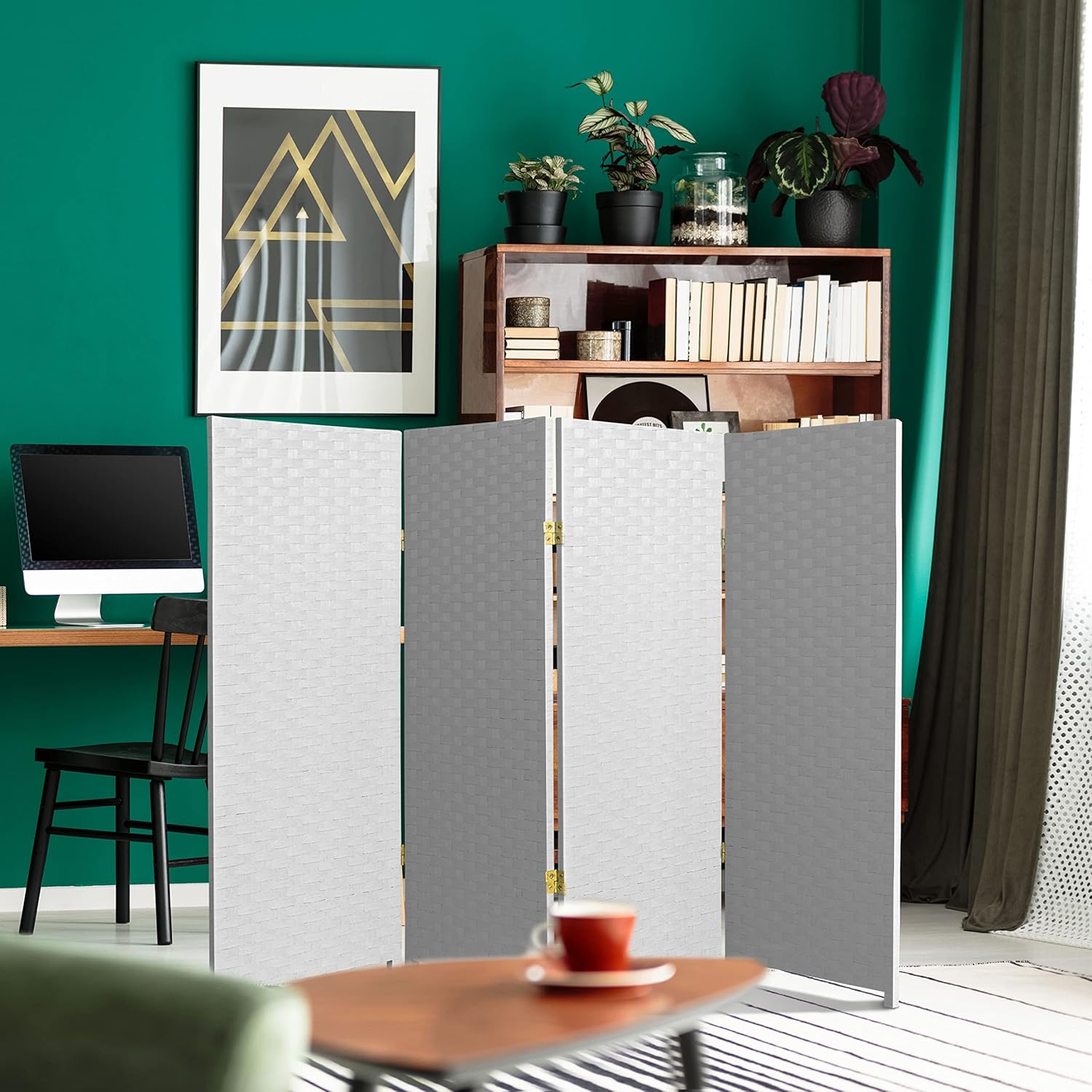 Pantalla plegable de fibra tejida corta de 4 pies – Blanco – 4 paneles