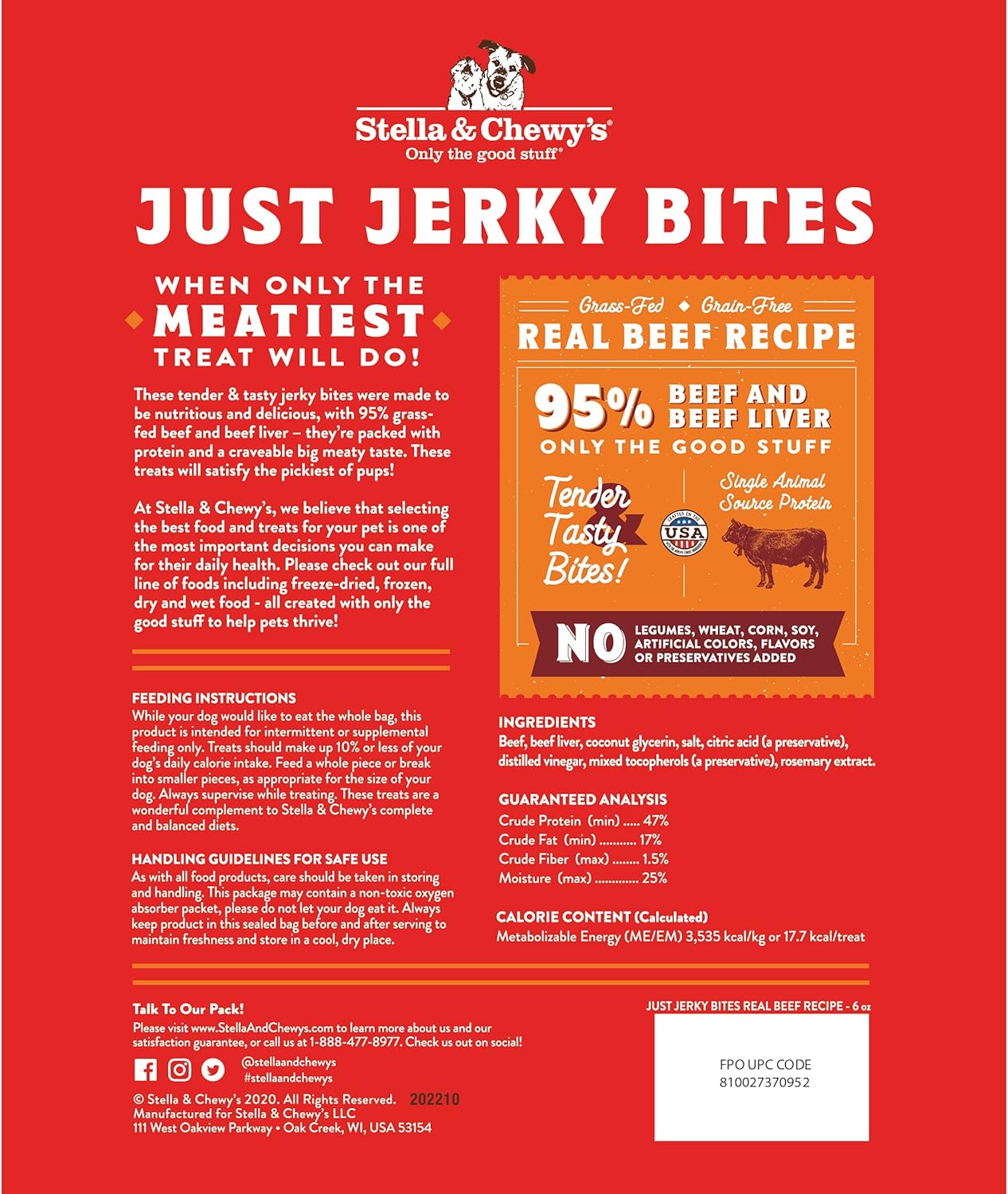 Stella & Chewy’s Just Jerky Bites – Receta de carne de res real para perros, bolsa de 6 onzas