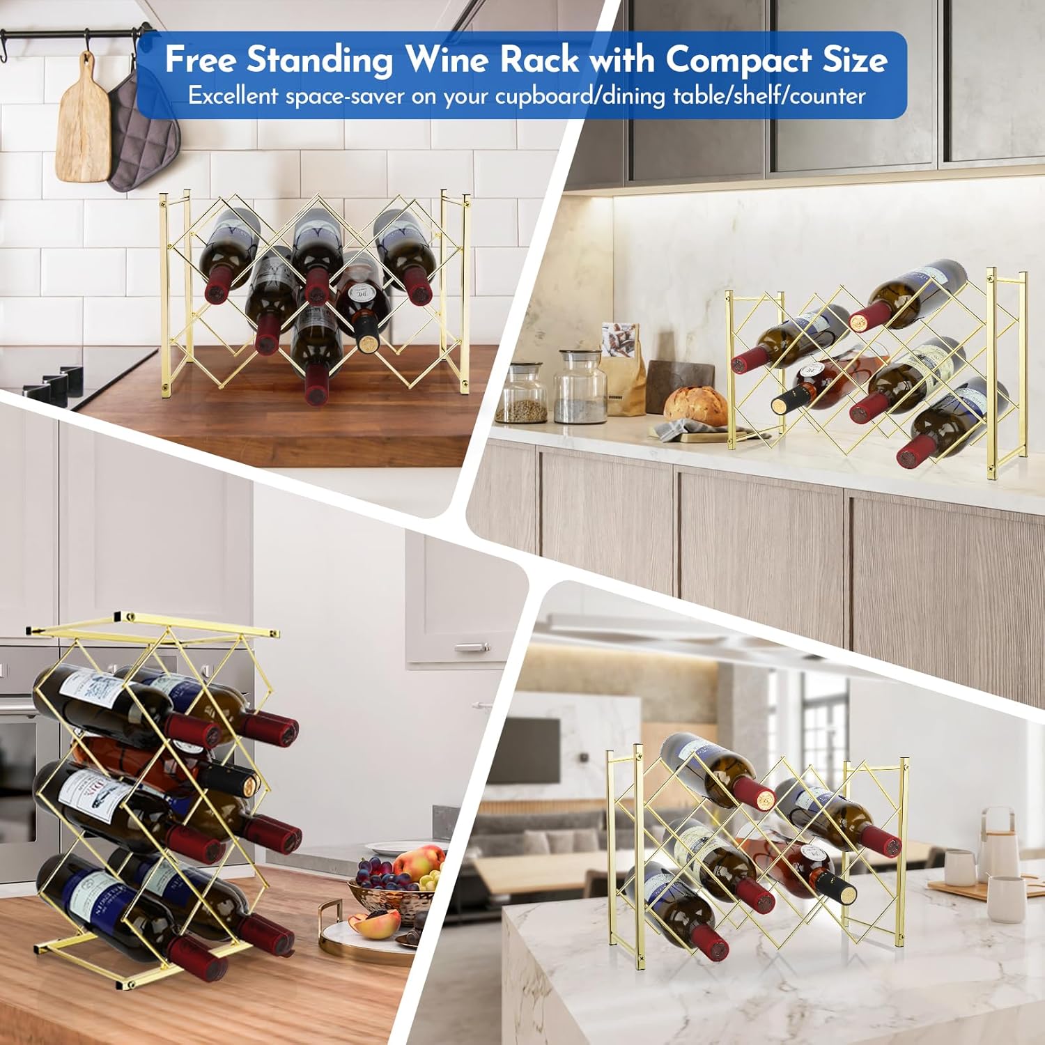 TOBUSA Estante de vino dorado para encimera, moderno estante de vino independiente, soporte para 10 botellas de vino de diseño simple, estante de