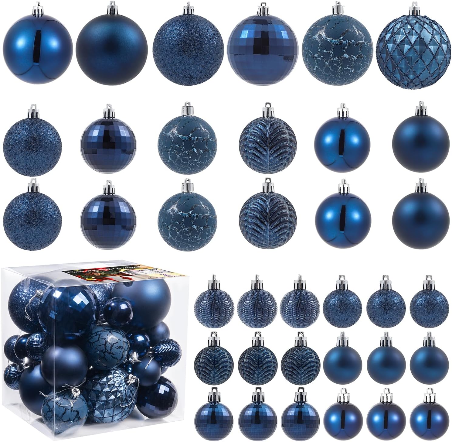 LANGXUN 36 bolas de decoración de árbol de Navidad color azul medianoche 2023, 6 bolas de Navidad de 3.2 pulgadas, 12 piezas de 2.4 pulgadas, 18