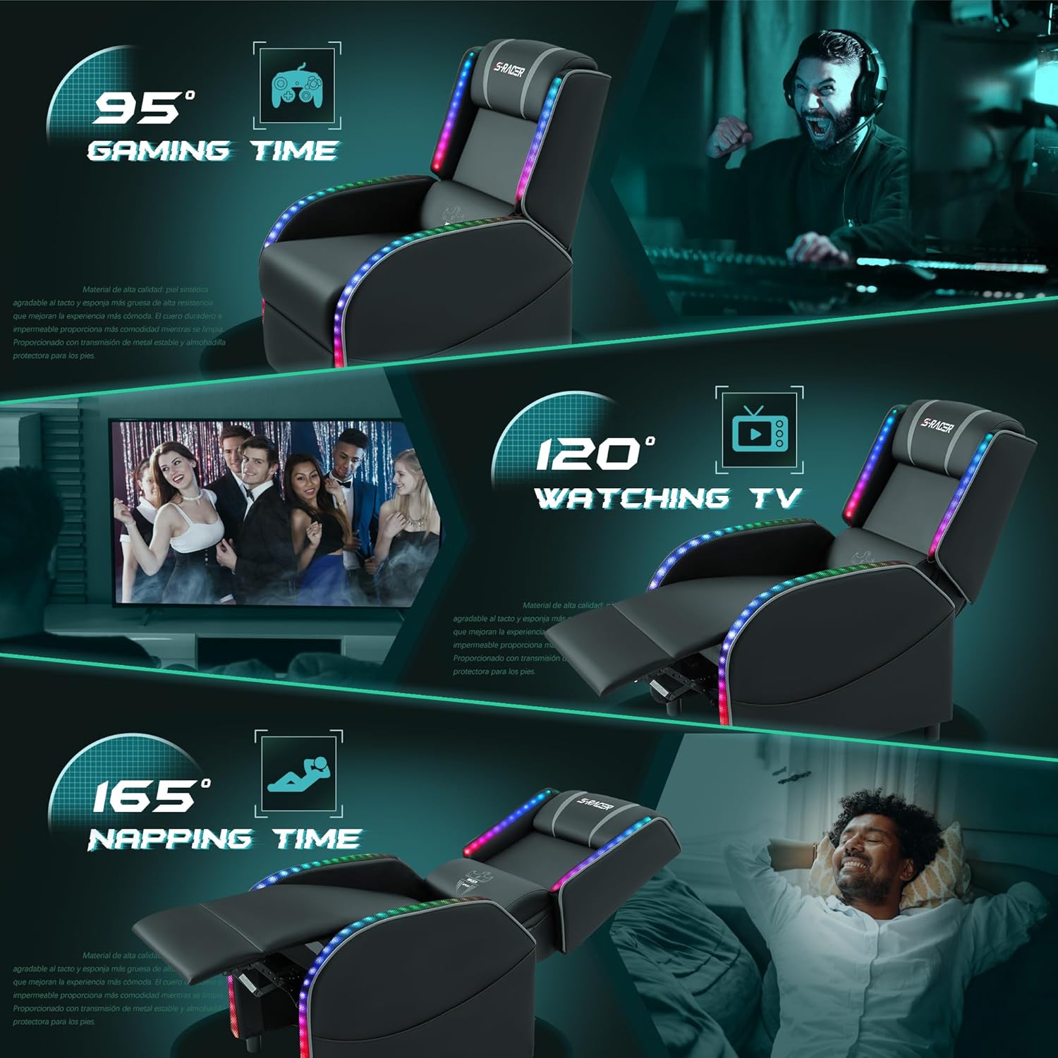 Homall Silla reclinable de masaje LED para juegos, estilo carreras, sofá reclinable de piel sintética, cómodo asiento ergonómico para cine en casa