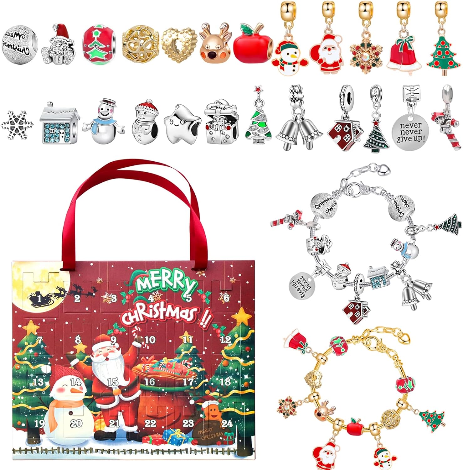 Pulseras de calendario de Adviento de Navidad 2023 para niñas, calendario de cuenta regresiva de Navidad de 24 días, kit de fabricación de joyas,