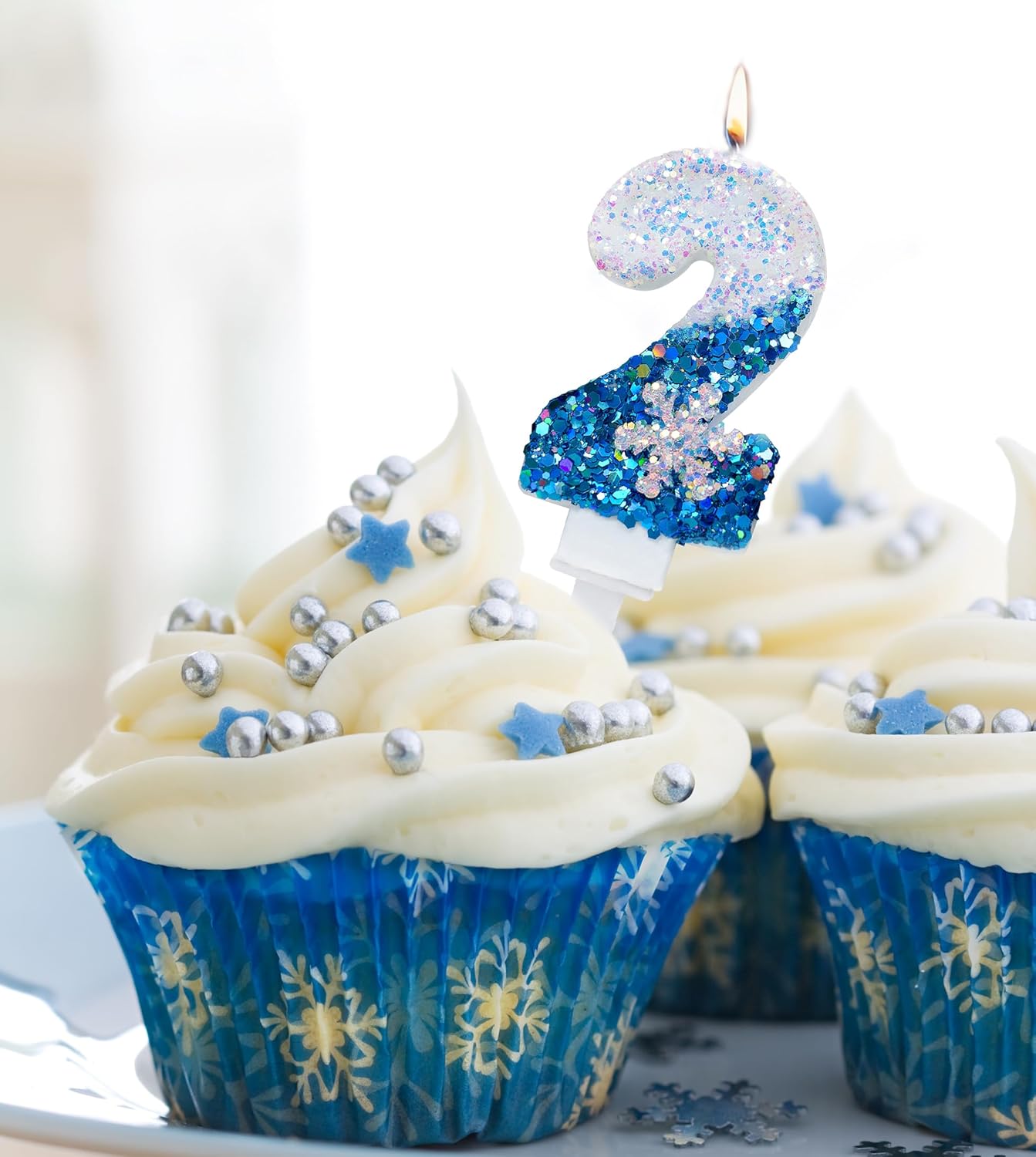 Velas de cumpleaños azules 4, velas de cumpleaños número 4 con purpurina azul y blanca con suministros de fiesta de copo de nieve