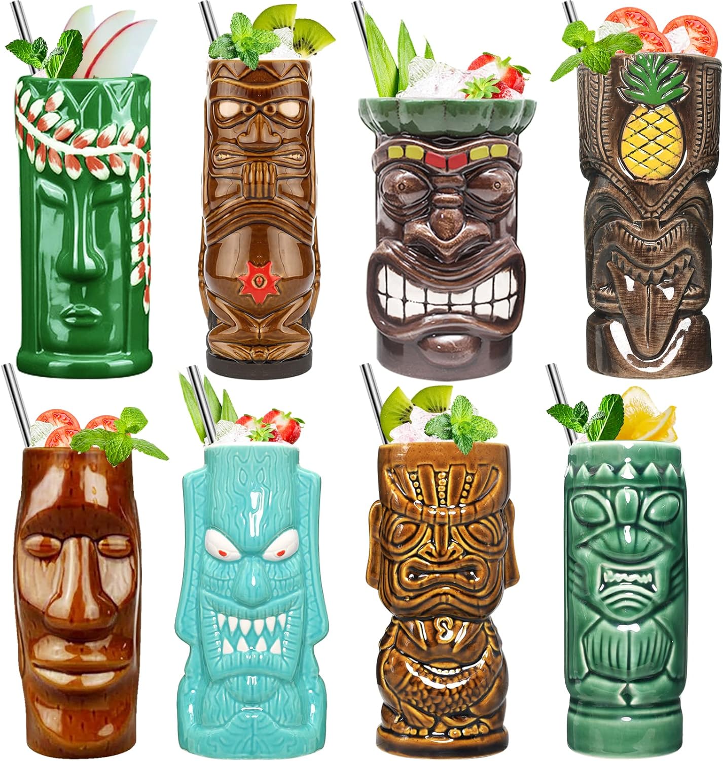 Tiki – Juego de 8 tazas de cerámica hawaiana para fiestas, tazas de bar Tiki para cócteles, tazas tropicales de alta calidad para fiestas exóticas