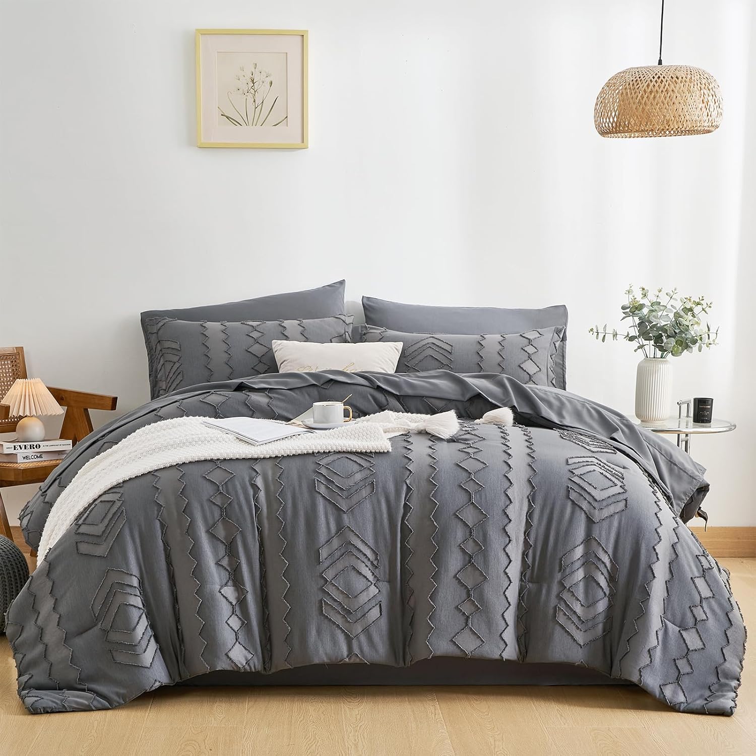 OARAGE Juego de edredón tamaño King de 7 piezas en una bolsa, color gris oscuro, juego de cama bohemio copetudo, juego de ropa de cama King con