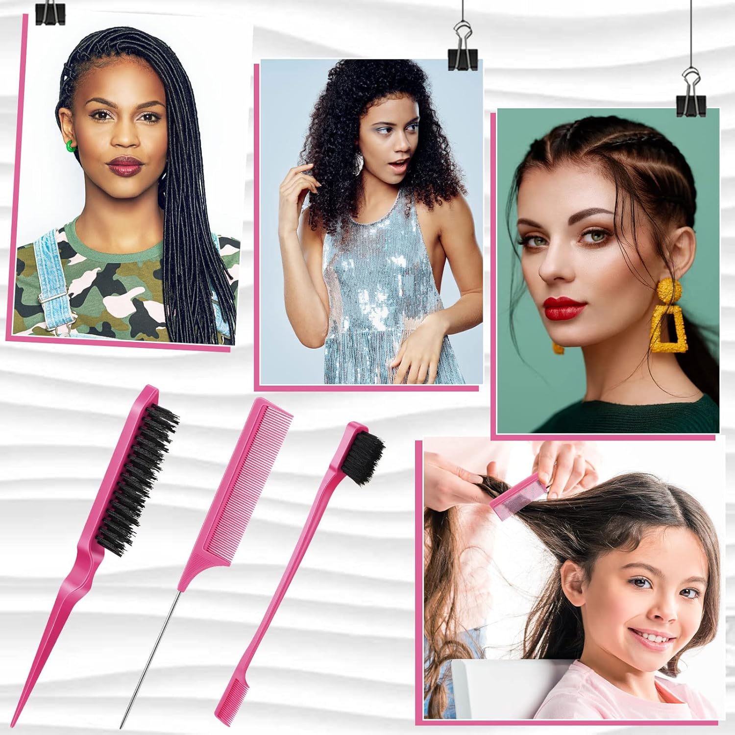 Geiserailie Juego de 3 cepillos de pelo de espalda lisa para el cabello, cepillo de control de bordes, peine para mujeres, bebés, niños, cabello