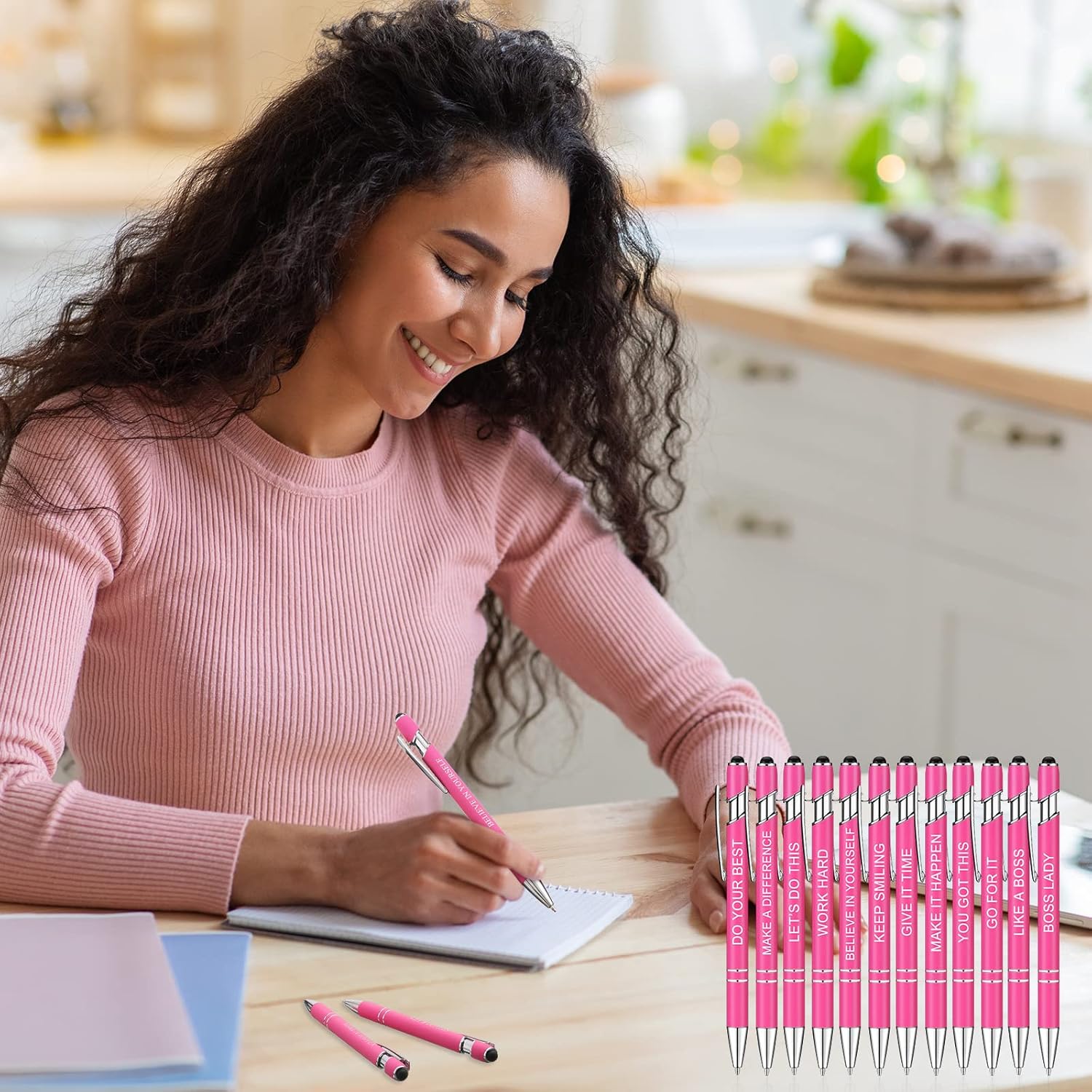 12 bolígrafos Zonon con citas inspiradoras, lápiz digital (stylus), mensajes motivacionales, de metal, tinta negra, alentadores (Dama Jefa, rosa)