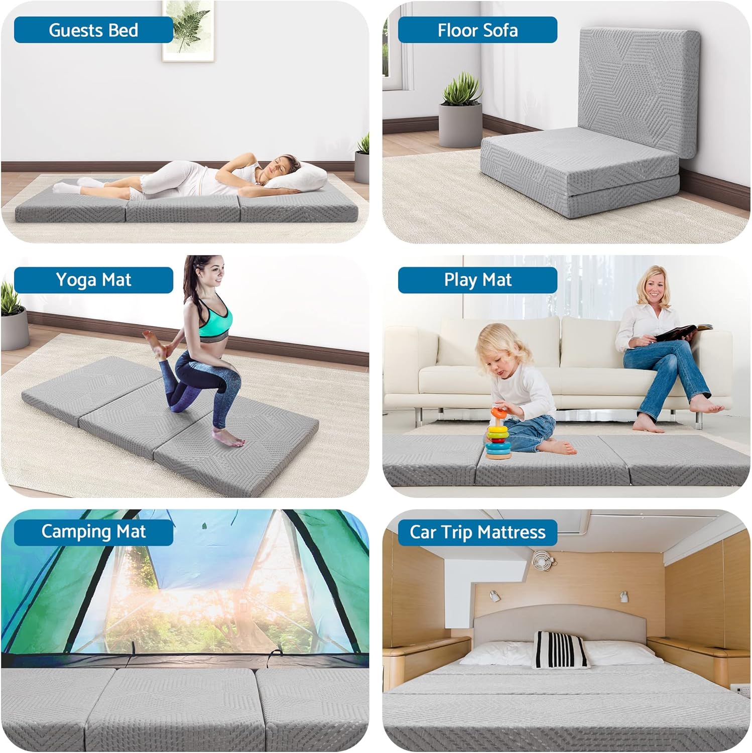IULULU Colchón plegable, cubrecolchón de espuma viscoelástica de tamaño individual de 4 pulgadas con funda transpirable y lavable, colchón portátil