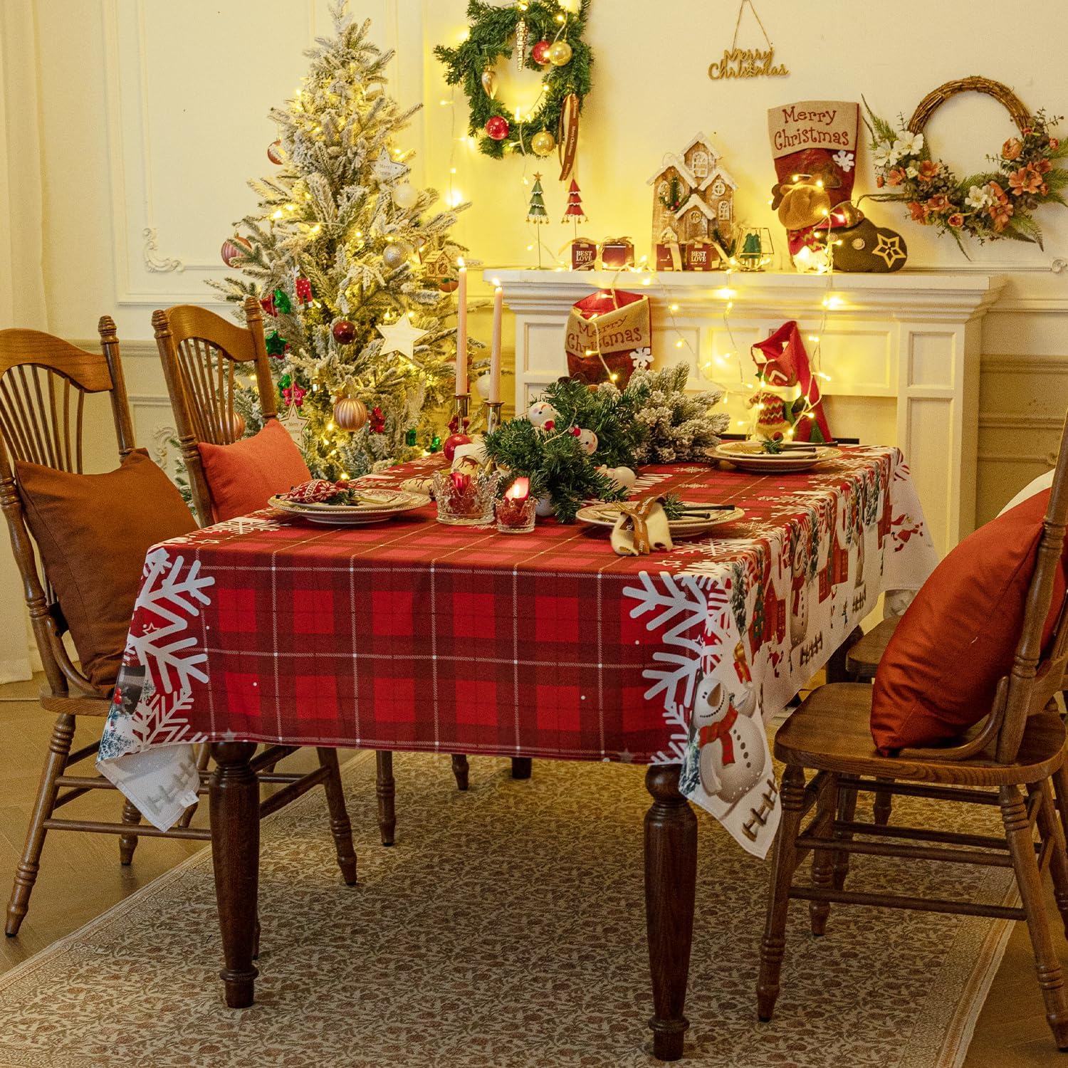Softalker Mantel rectangular de Navidad  Mantel de poliéster lavable a cuadros rojos con diseño de copo de nieve y copo de nieve para comedor,