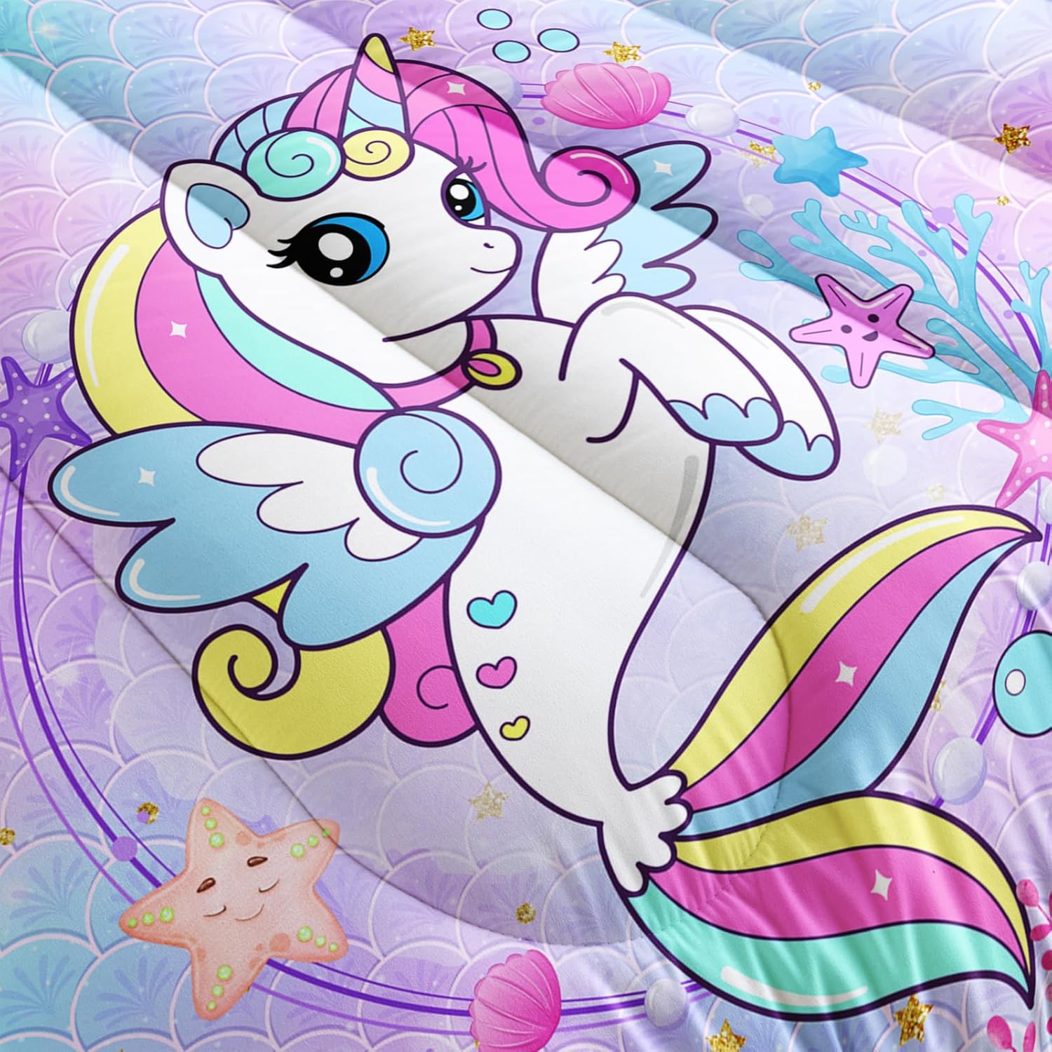 Edredón de unicornio de sirena, tamaño individual, juego de edredón de unicornio para niños, juego de ropa de cama de 3 piezas, edredón impreso con
