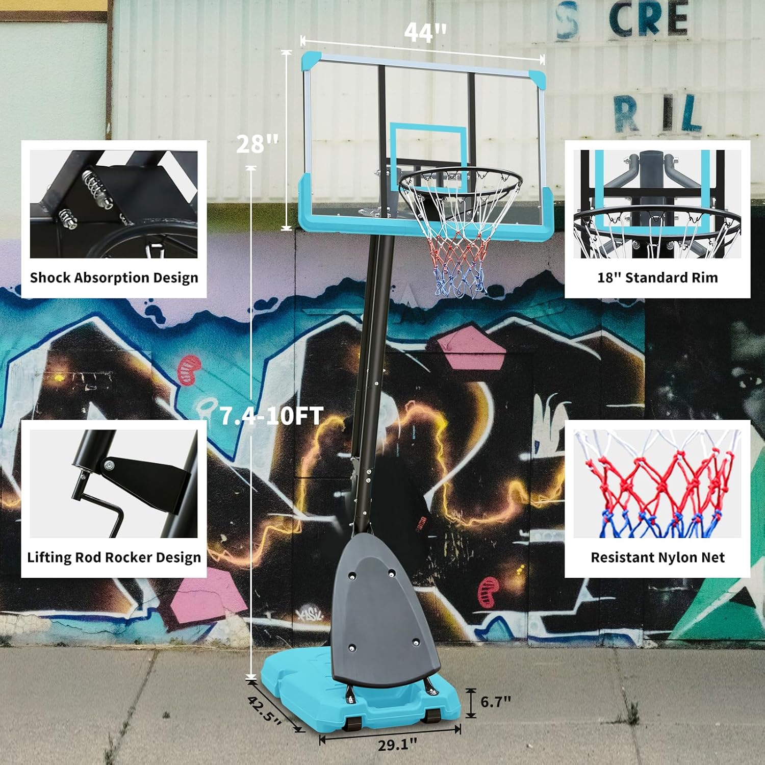 Aro de baloncesto portátil para interiores y exteriores, altura ajustable, 7.4-10 pies, sistema de portería de baloncesto con tablero de 44 pulgadas