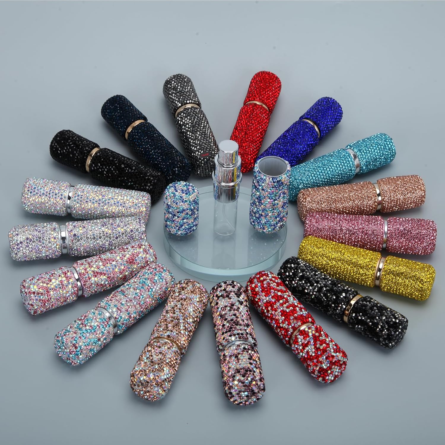 Fawziya Botellas de spray cosméticas recargables Bling Rhinestone 0,4 oz botella de perfume de vidrio mediana -AB Black