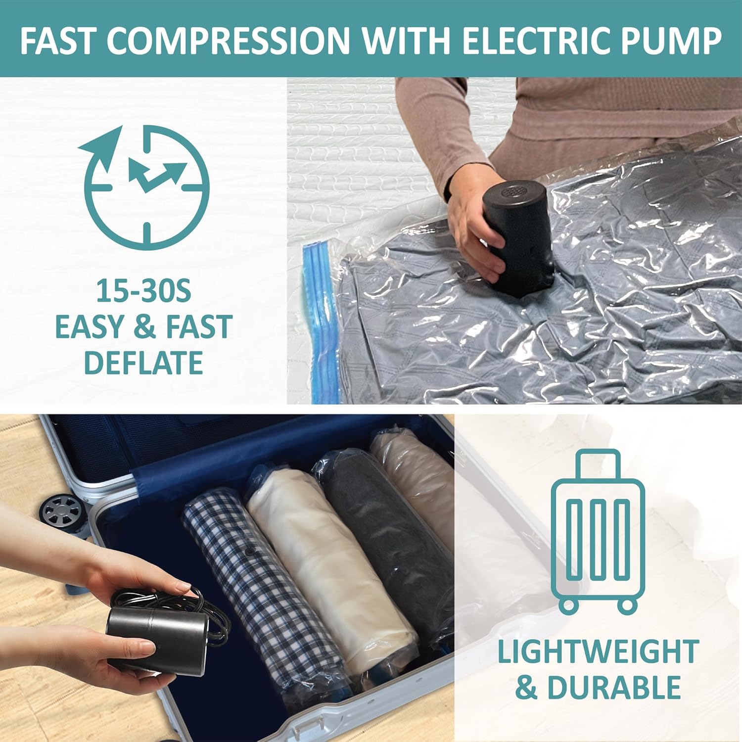 Bolsas de almacenamiento al vacío con bomba eléctrica, paquete de 20 (3 jumbo3 grande7 mediano7 pequeño), bolsas ahorradoras de espacio con bomba,