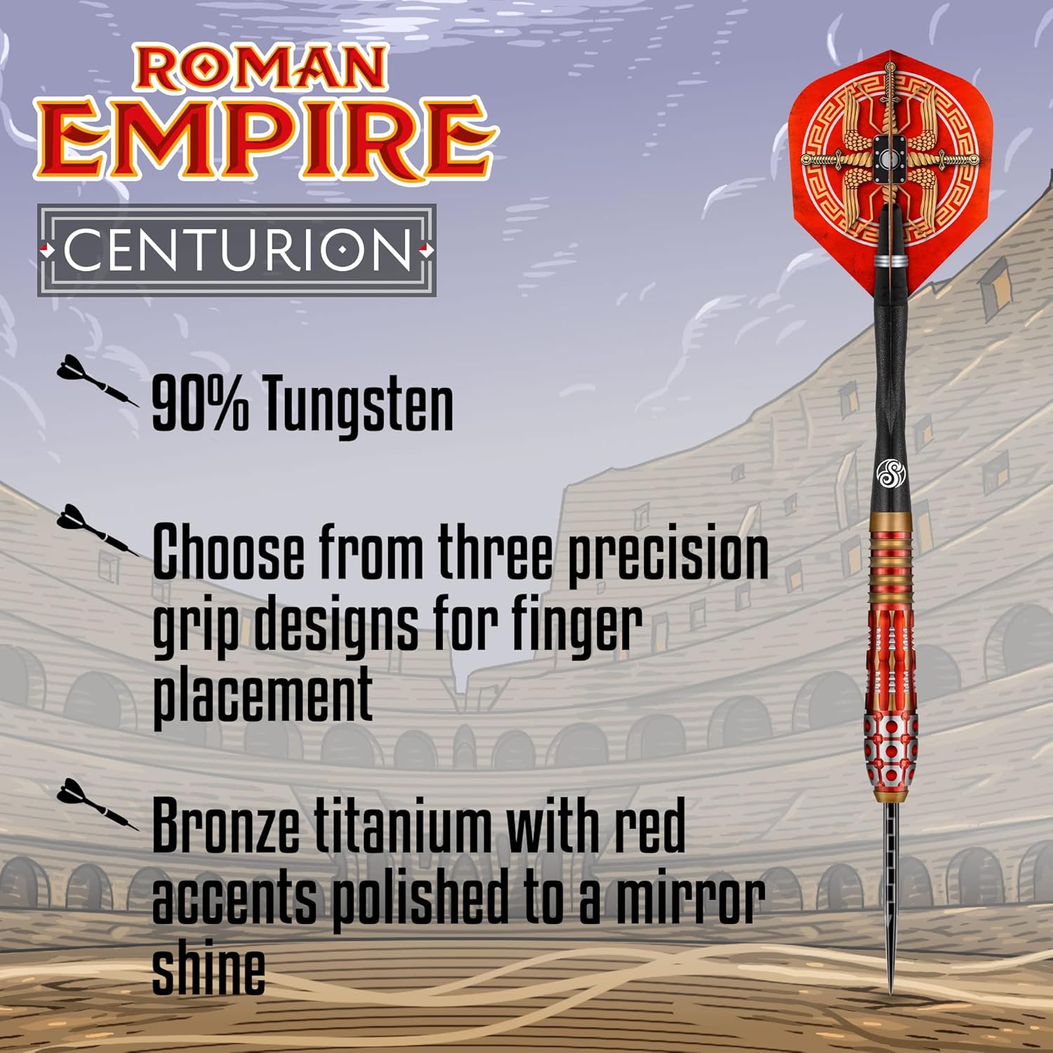 Shot Roman Empire Centurion – Juego de dardos de punta de acero con punta de acero 90% tungsteno profesional – Fabricado en Nueva Zelanda – Vuelos