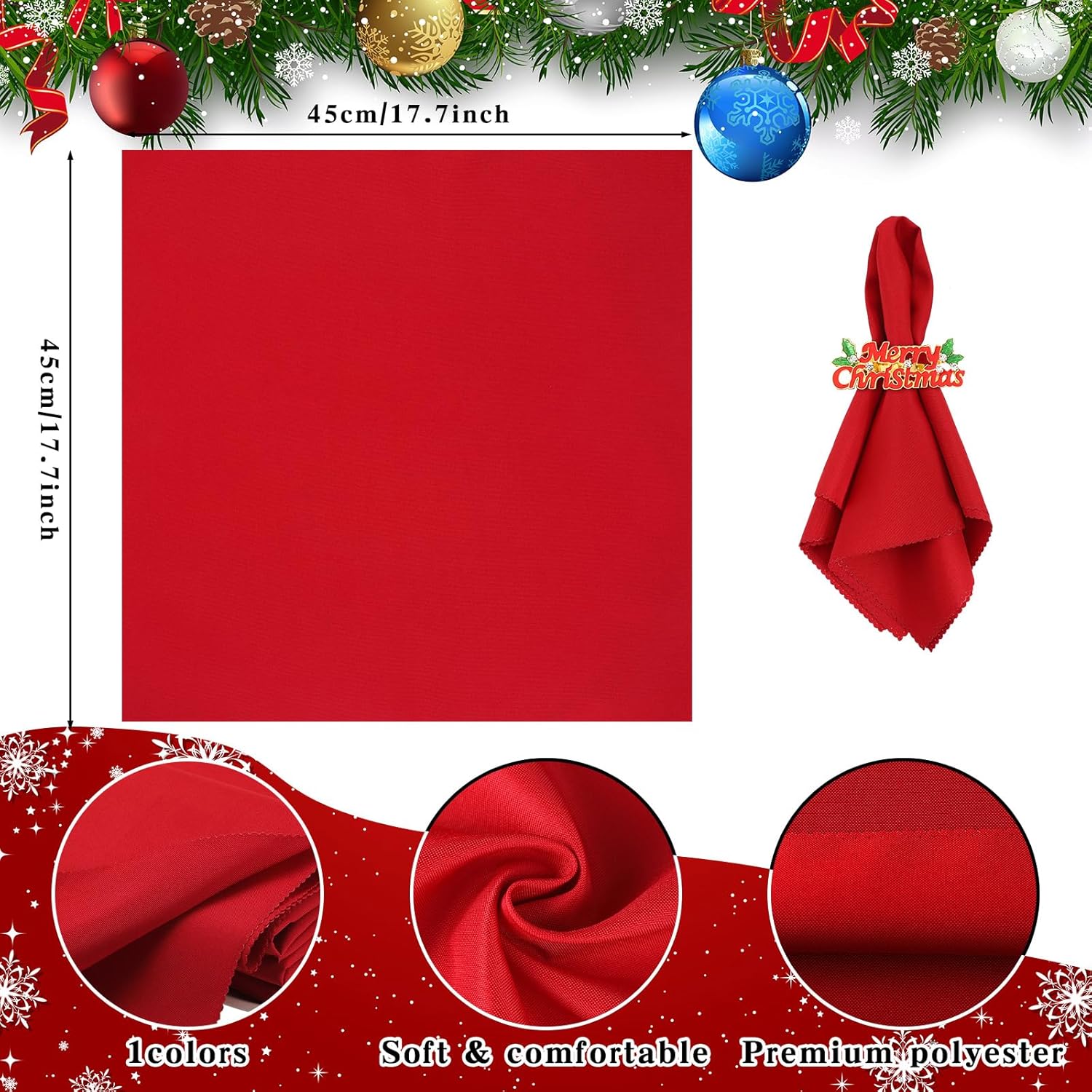 Sliner Juego de 24 servilletas y anillos de Navidad, 12 servilletas de Navidad lavables de color rojo y 12 servilleteros de Navidad para cenas