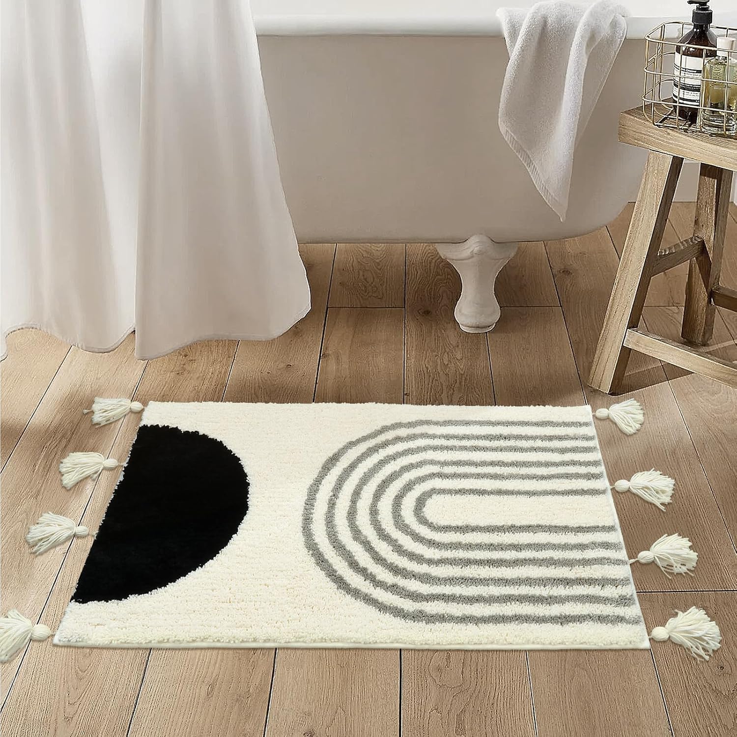 Seavish Tapetes de baño antideslizantes de 20 x 32 pulgadas, pequeño, color negro, con borlas, alfombra de baño bohemia para casa de campo, lavable,