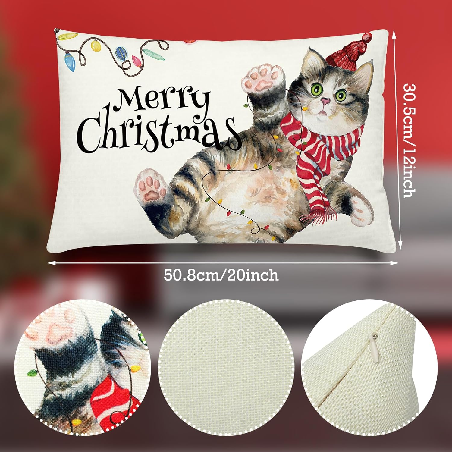 6 fundas de almohada de Feliz Navidad de 12 x 20 pulgadas, fundas decorativas de casa de campo de gato, fundas de almohada decorativas de invierno