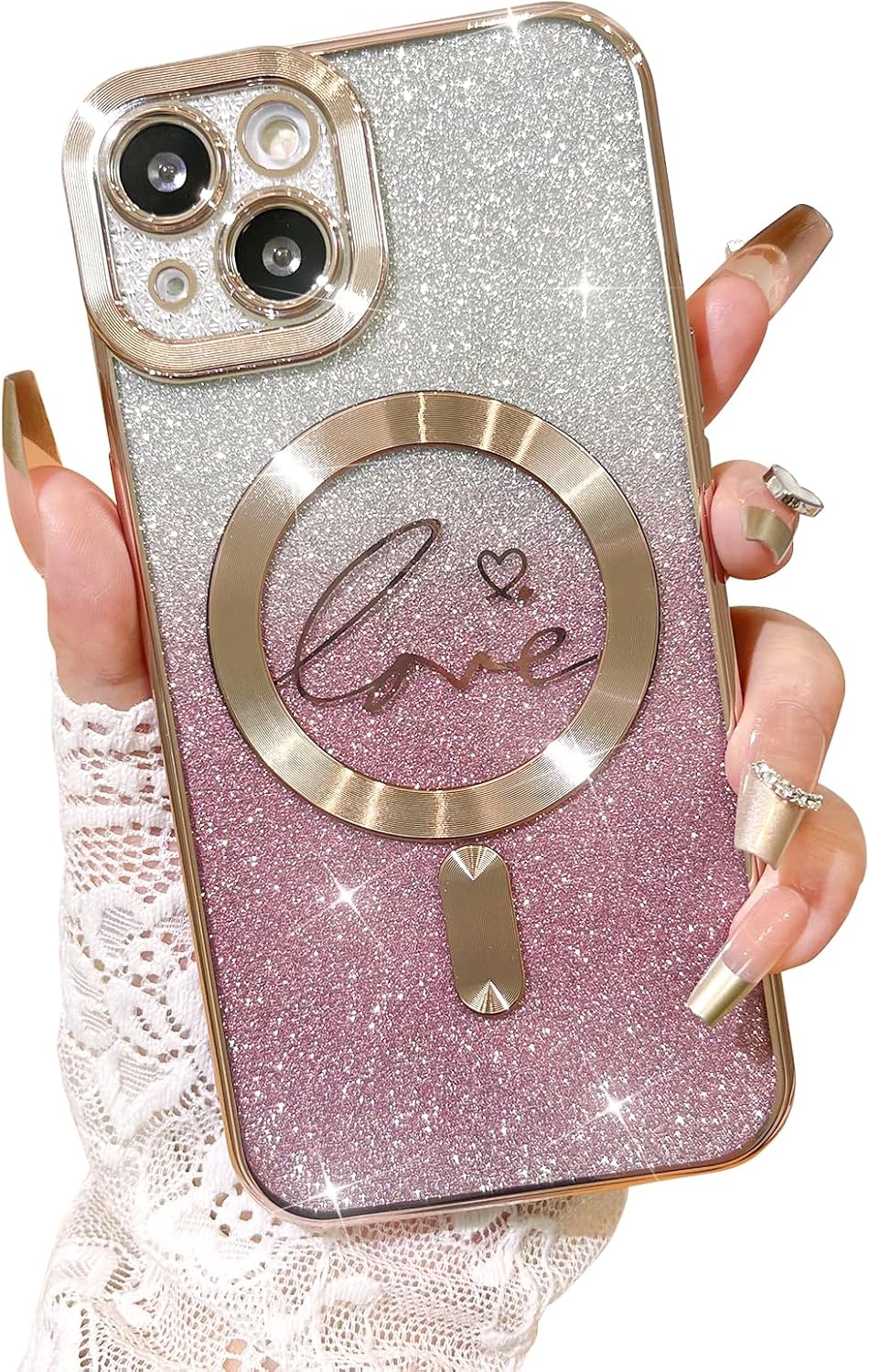 Fiyart Funda compatible con iPhone 13, compatible con MagSafe Love con protección de cámara chapada en corazón, purpurina magnética para mujeres y