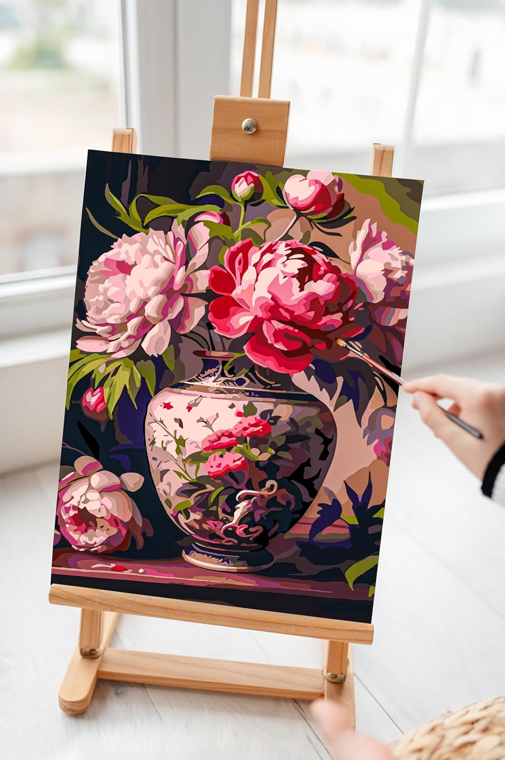 Omaart Kit de pintura por números para principiantes, lienzo enmarcado, bonito diseño de peonías, incluye lienzo enmarcado y estirado preimpreso,