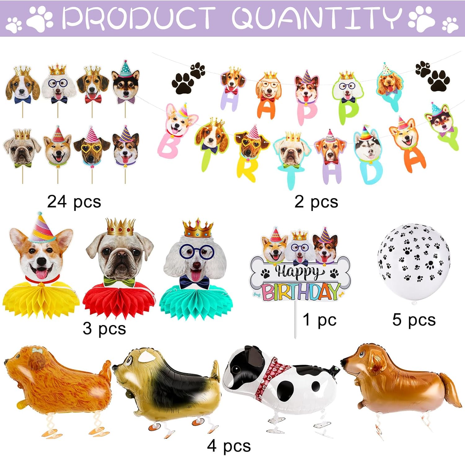 39 piezas de decoraciones de cumpleaños para perros, suministros de fiesta de cumpleaños para cachorros, 2 carteles de feliz cumpleaños, 3 panales