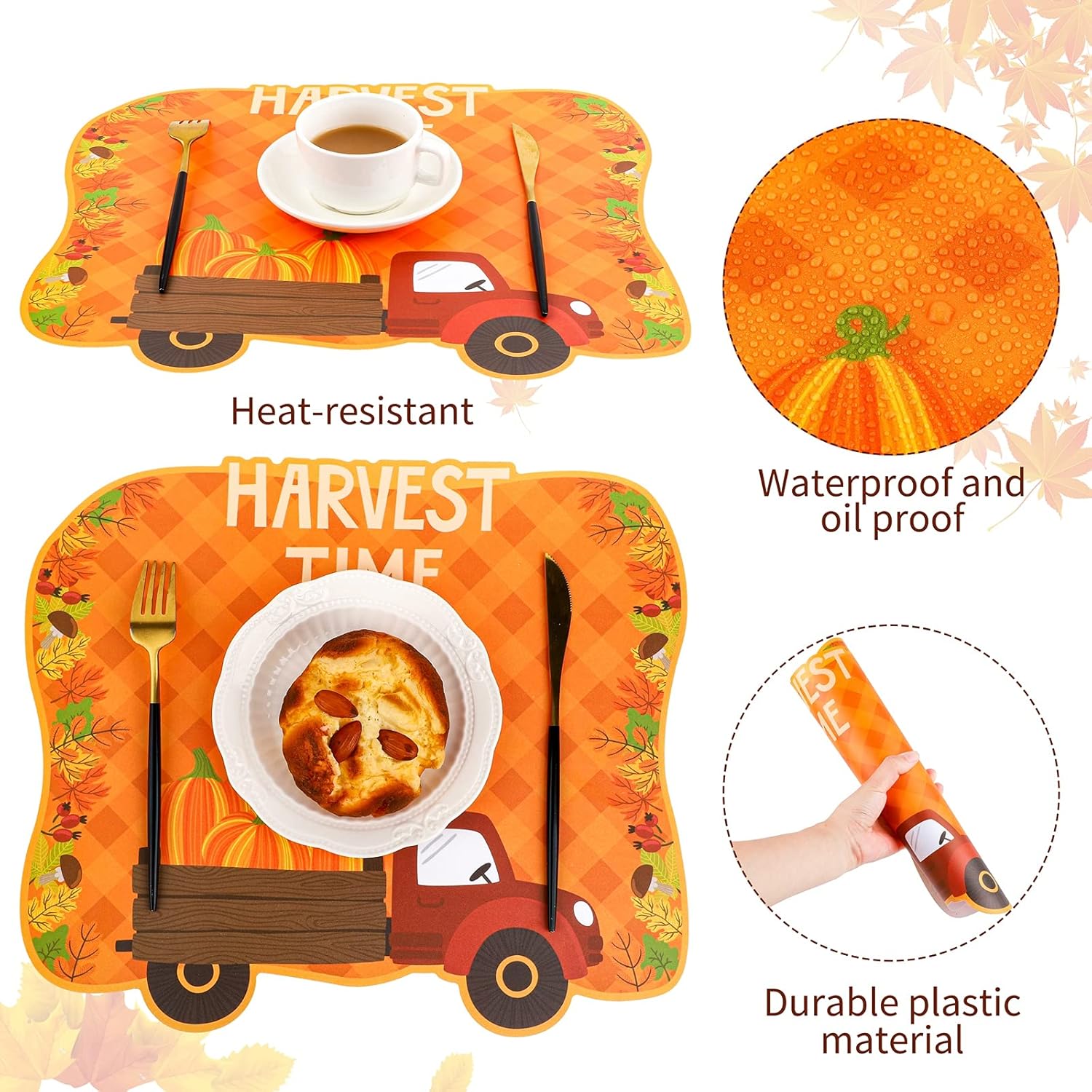 MCEAST Juego de 6 manteles individuales de plástico de Acción de Gracias para comedor, diseño de hojas de arce, calabaza, duende y pavo, para