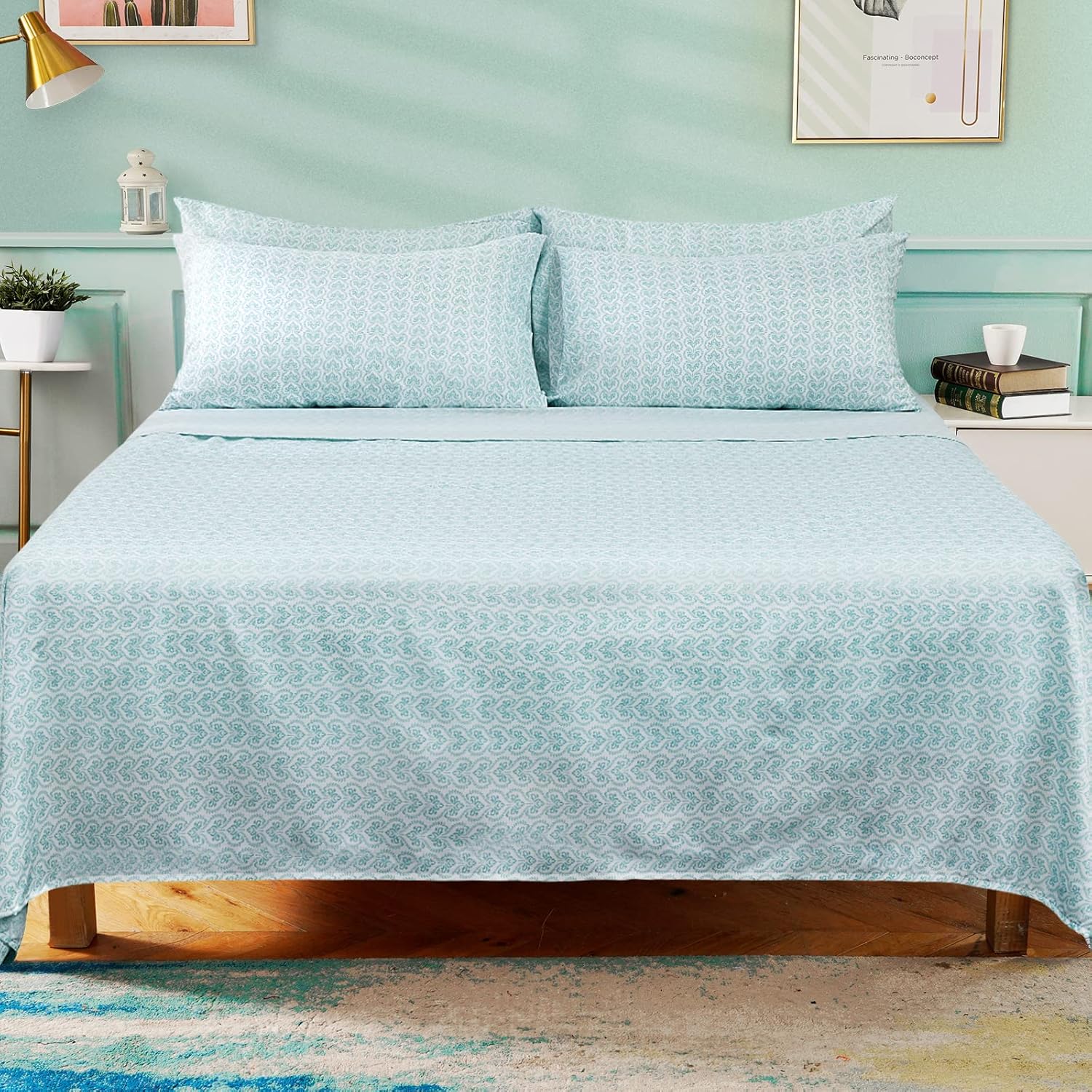 HOMEIDEAS Sábanas estampadas de 6 piezas tamaño Queen con diseño de corazón azul, microfibra cepillada extra suave 1800, bolsillo profundo, sin
